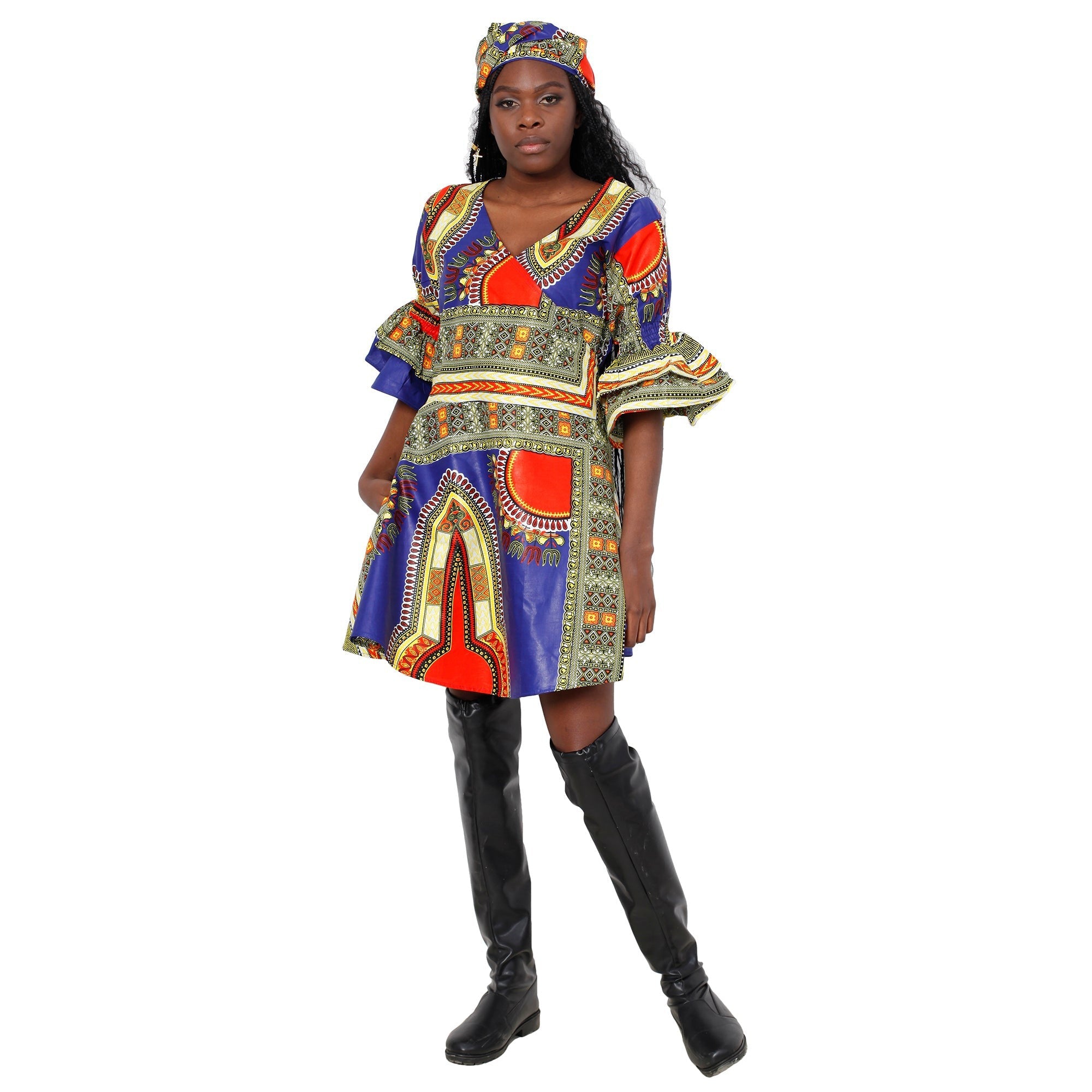 Women's Dashiki Wrap Short Dress with Frill Sleeves