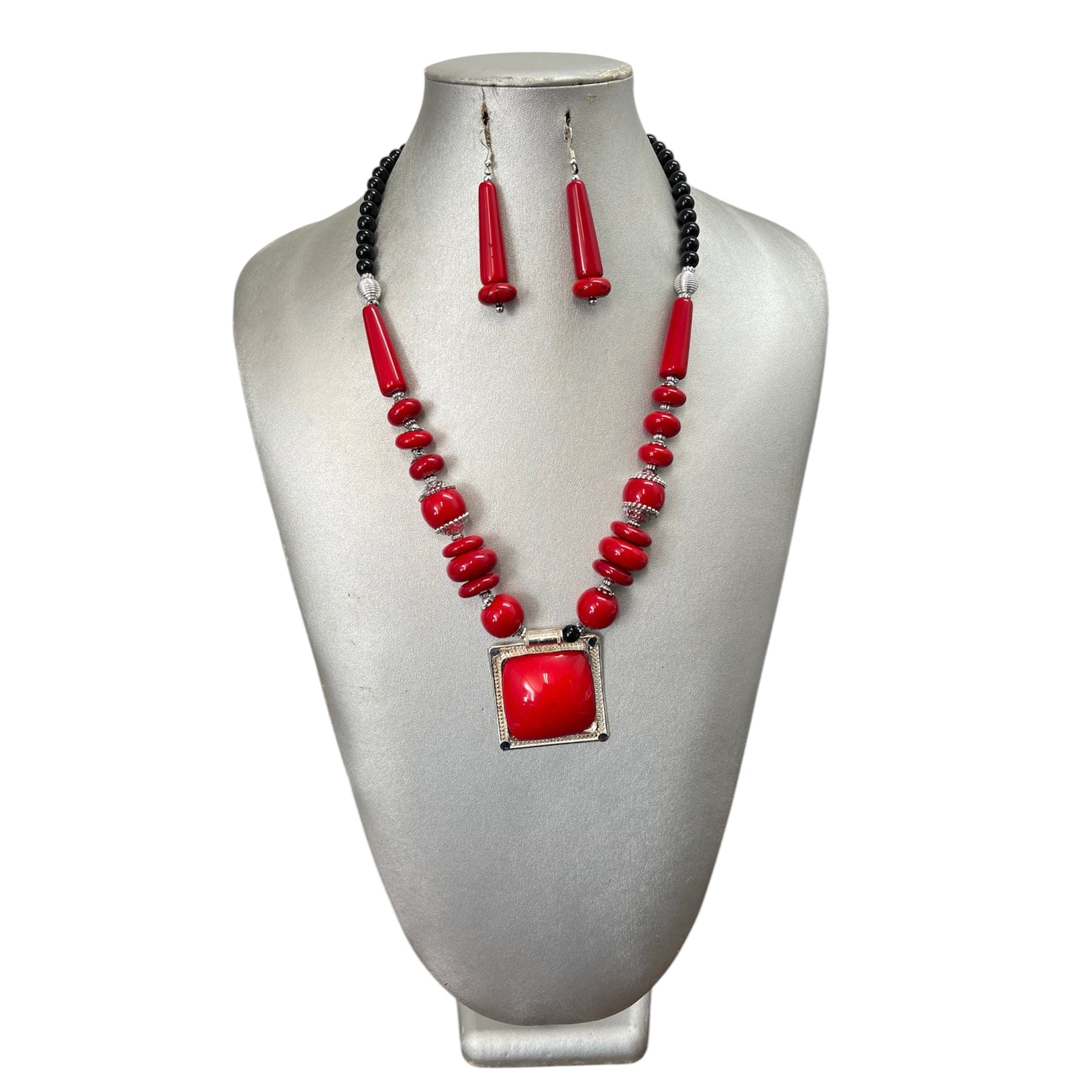 Women's Colorful Stone Necklace Set with Square Pendant