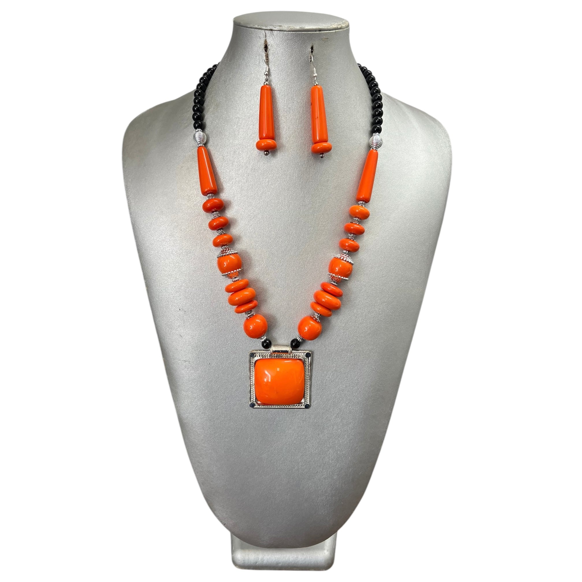 Women's Colorful Stone Necklace Set with Square Pendant