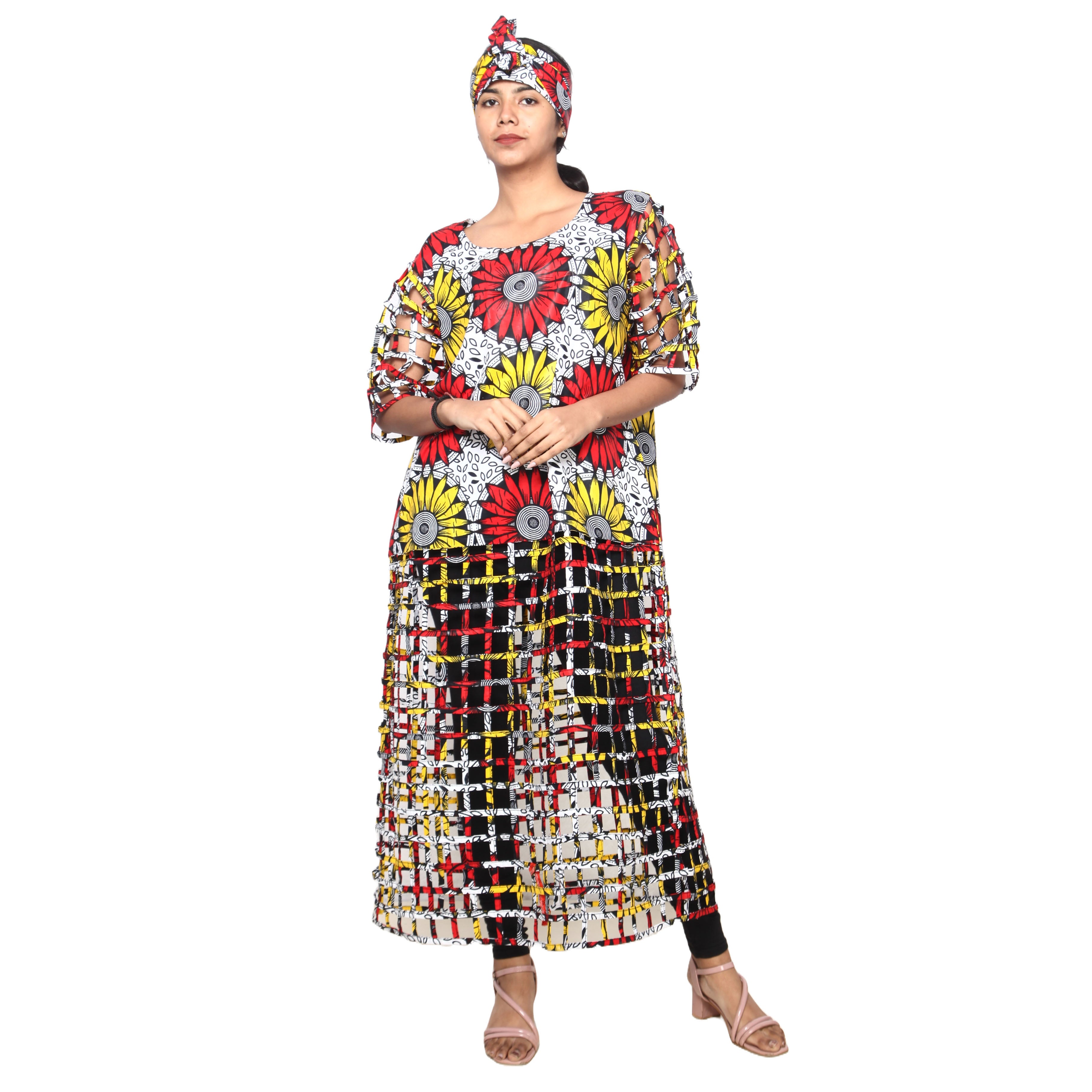 Women's Printed Half Cage Long Dress -- FI-ST124