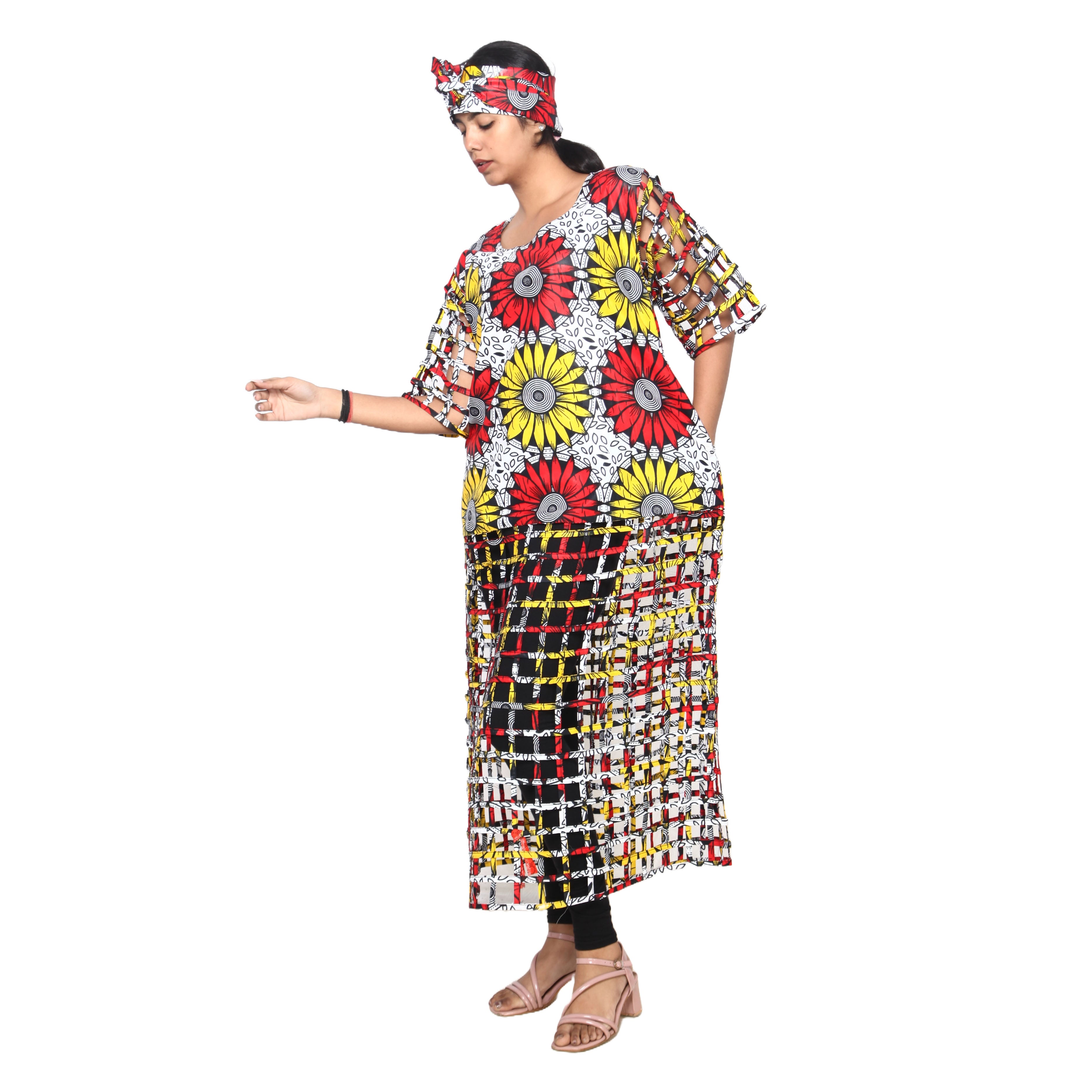 Women's Printed Half Cage Long Dress -- FI-ST124