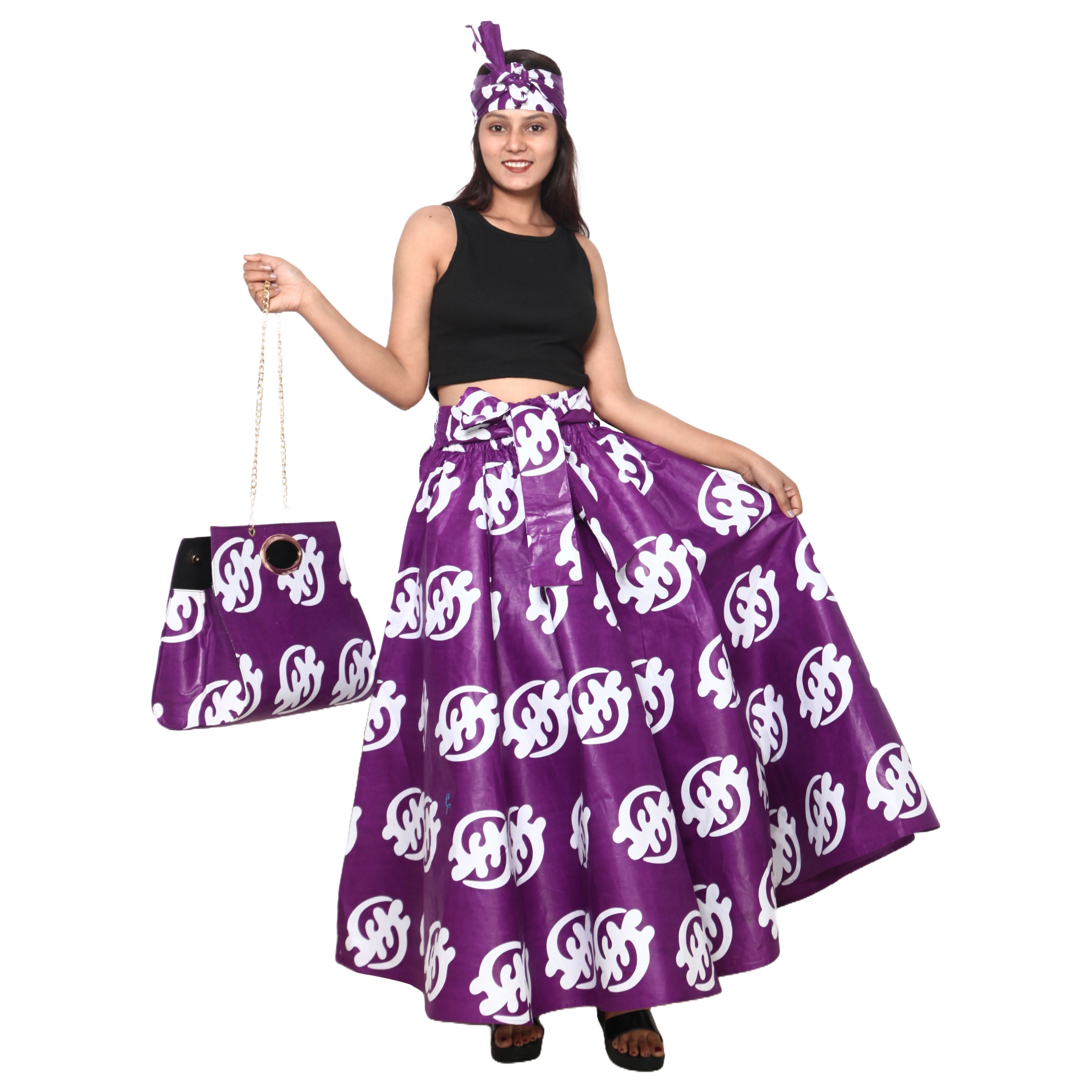 Women's Printed Tie Waist Maxi Skirt with Handbag - FI-32P