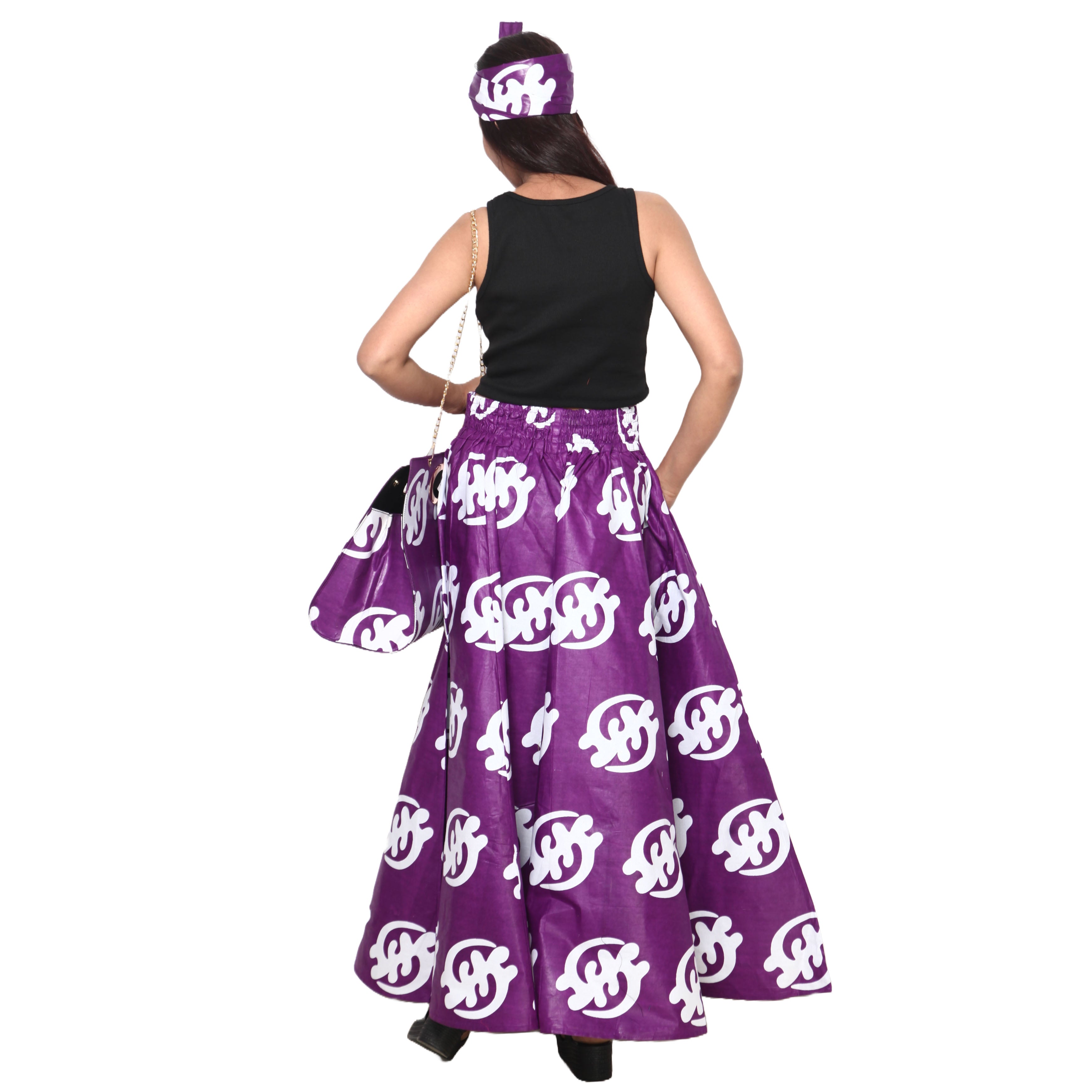 Women's Printed Tie Waist Maxi Skirt with Handbag - FI-32P