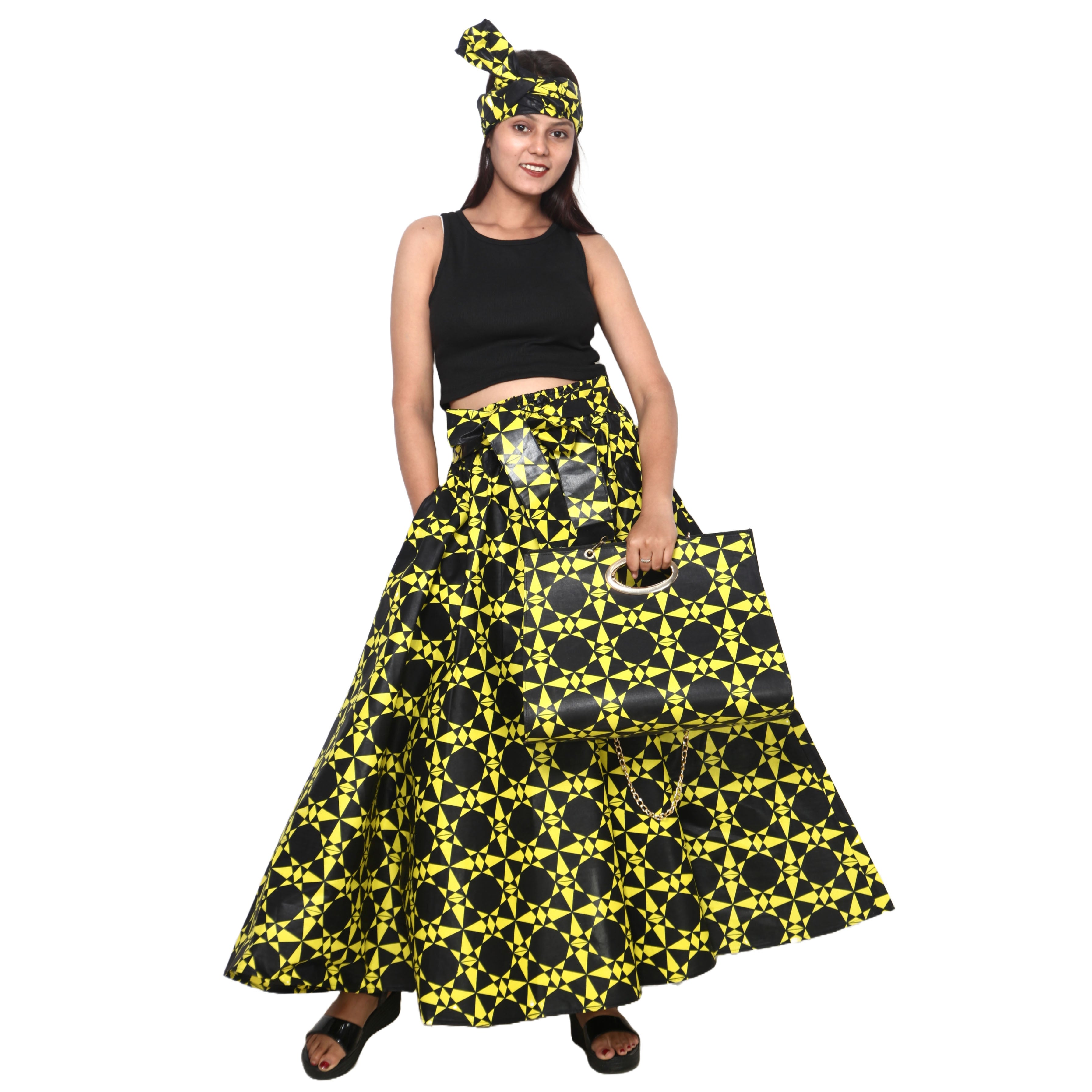 Women's Printed Tie Waist Maxi Skirt with Handbag - FI-32P