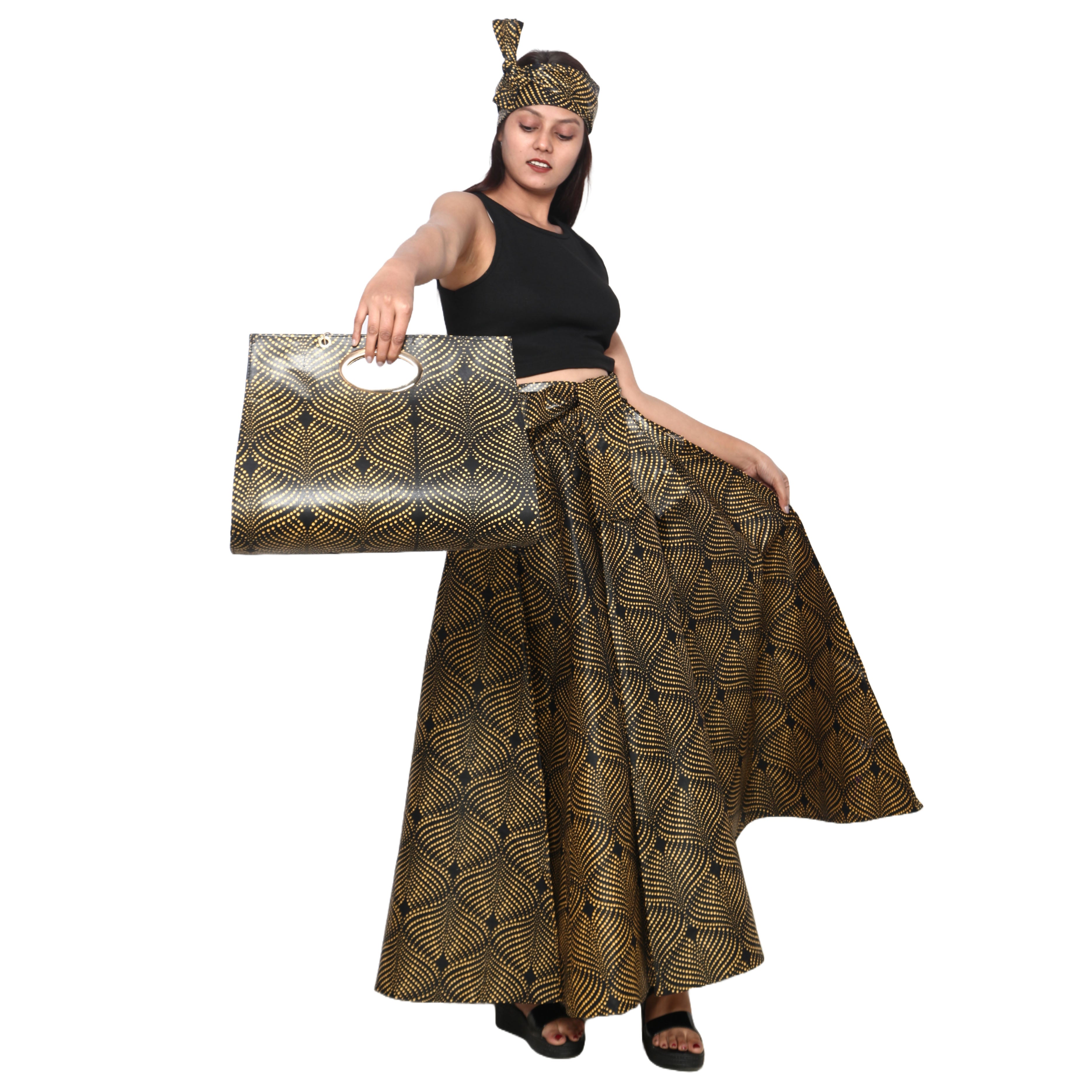 Women's Printed Tie Waist Maxi Skirt with Handbag - FI-32P