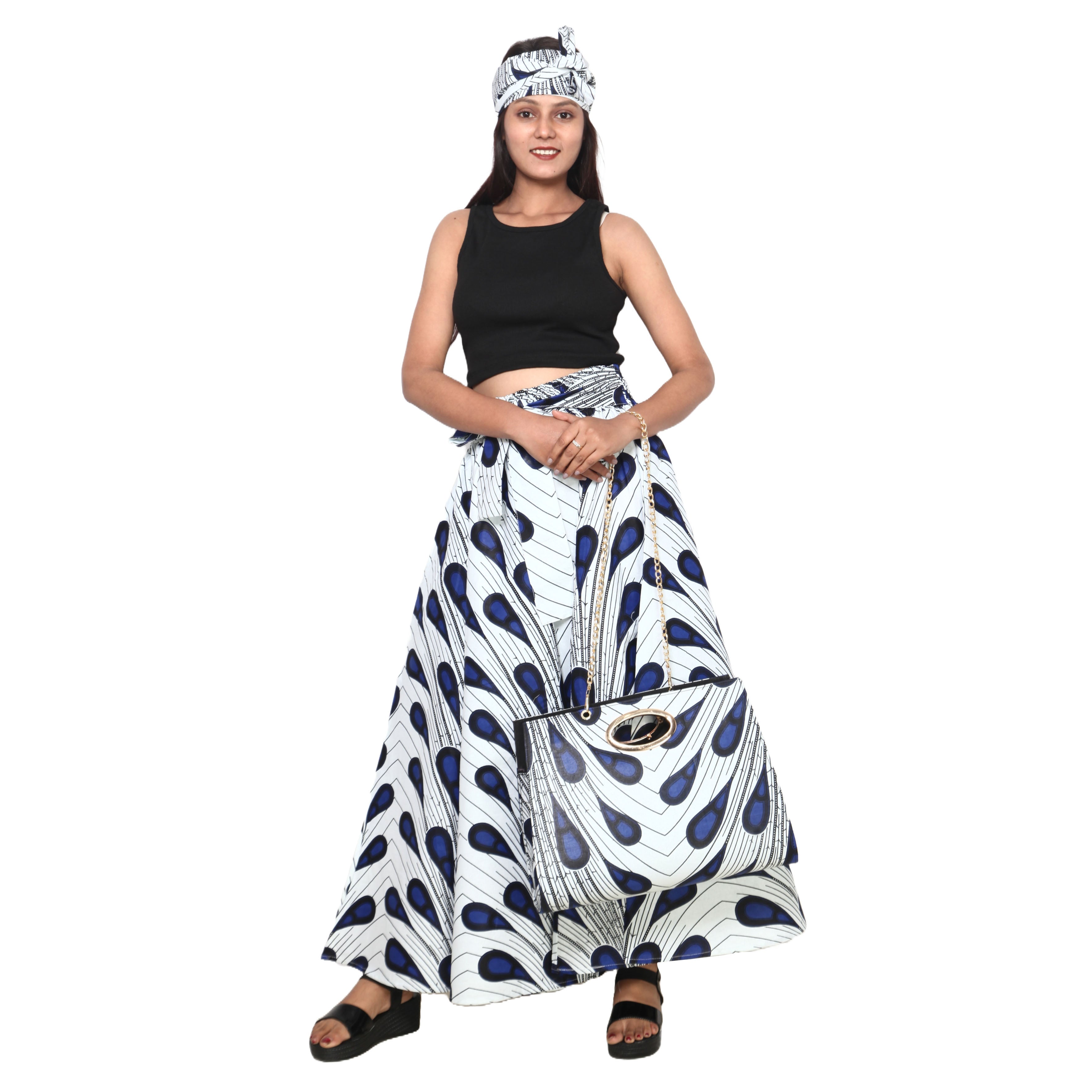 Women's Printed Tie Waist Maxi Skirt with Handbag - FI-32P