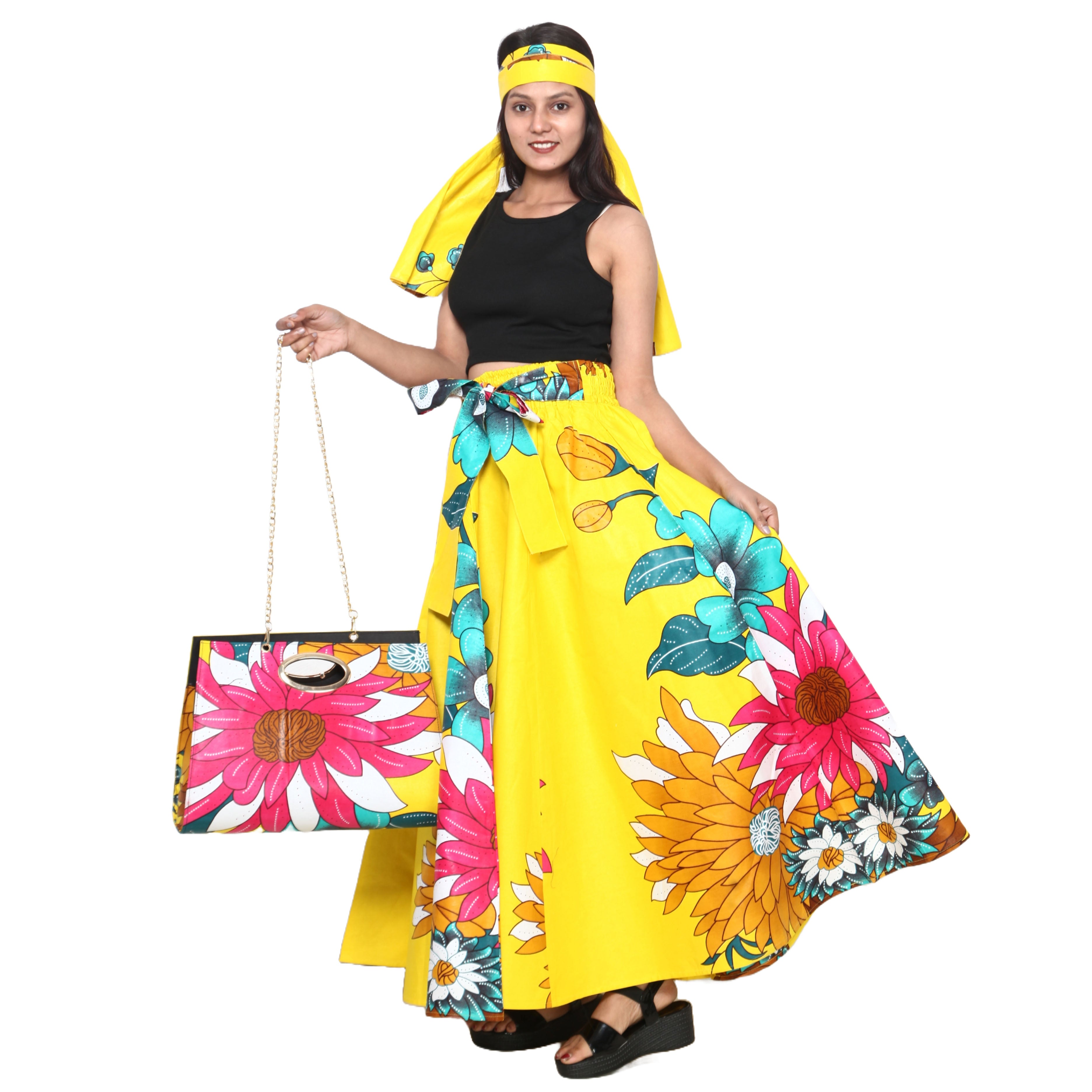 Women's Printed Tie Waist Maxi Skirt with Handbag - FI-32P