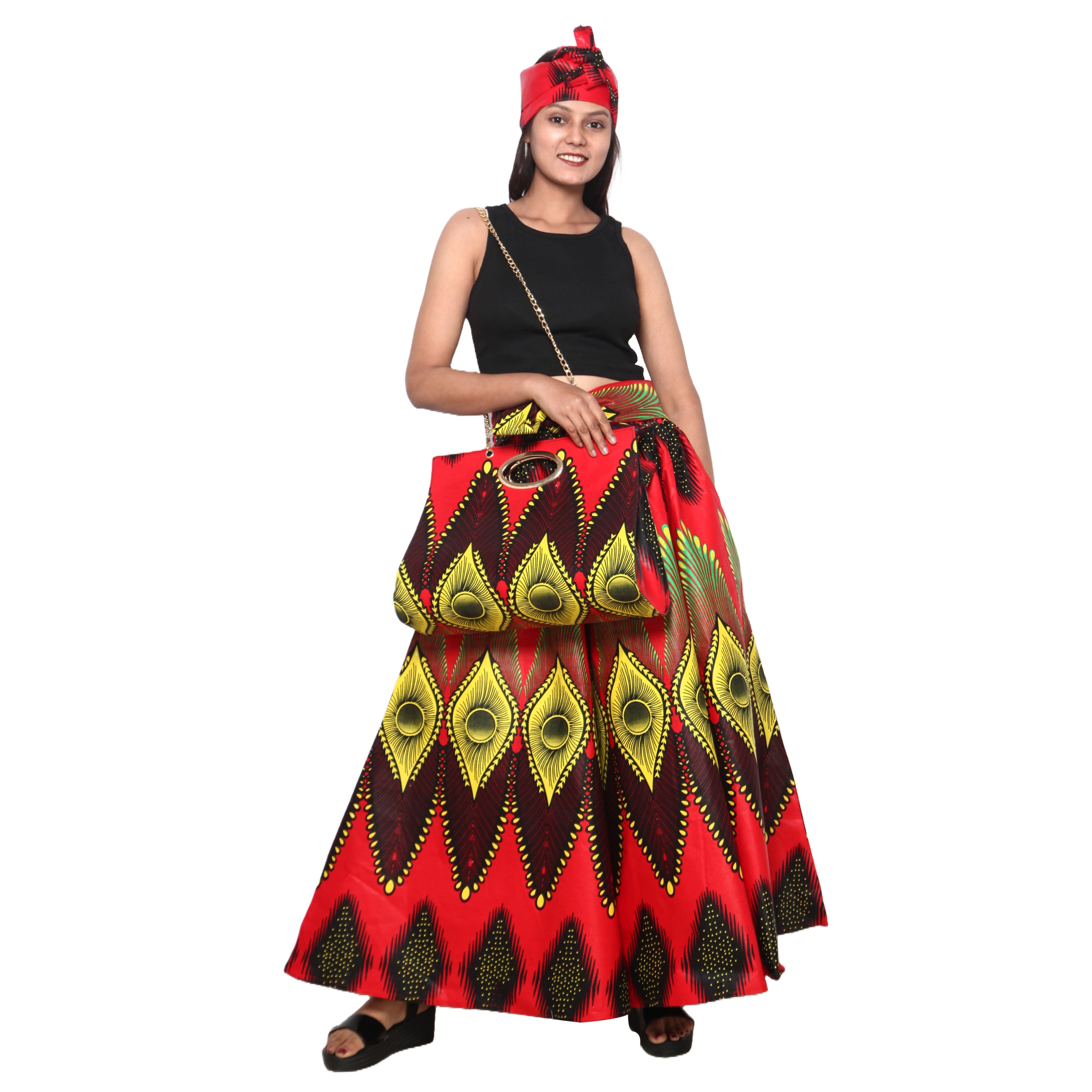 Women's Printed Tie Waist Maxi Skirt with Handbag - FI-32P