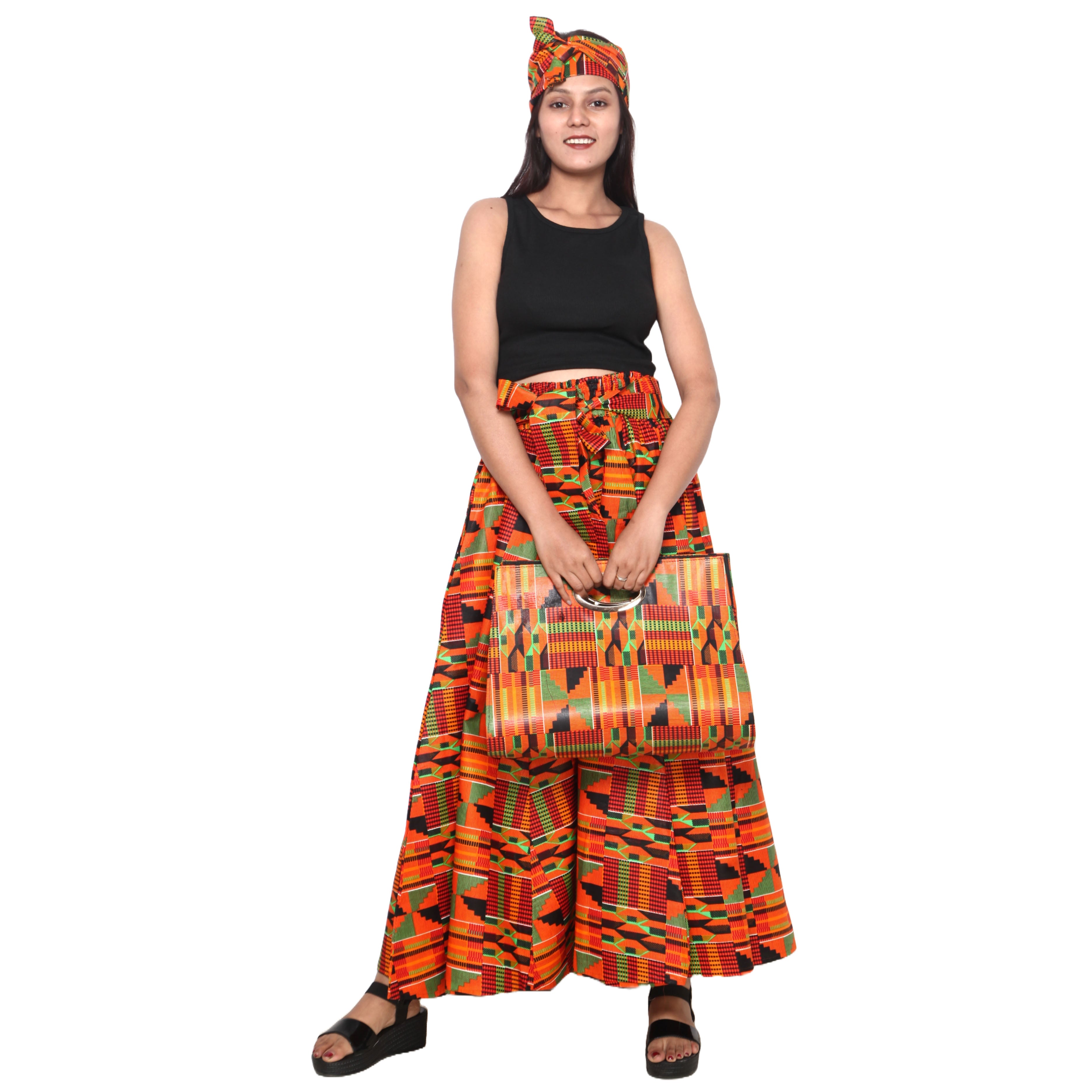 Women's Printed Tie Waist Maxi Skirt with Handbag - FI-32P