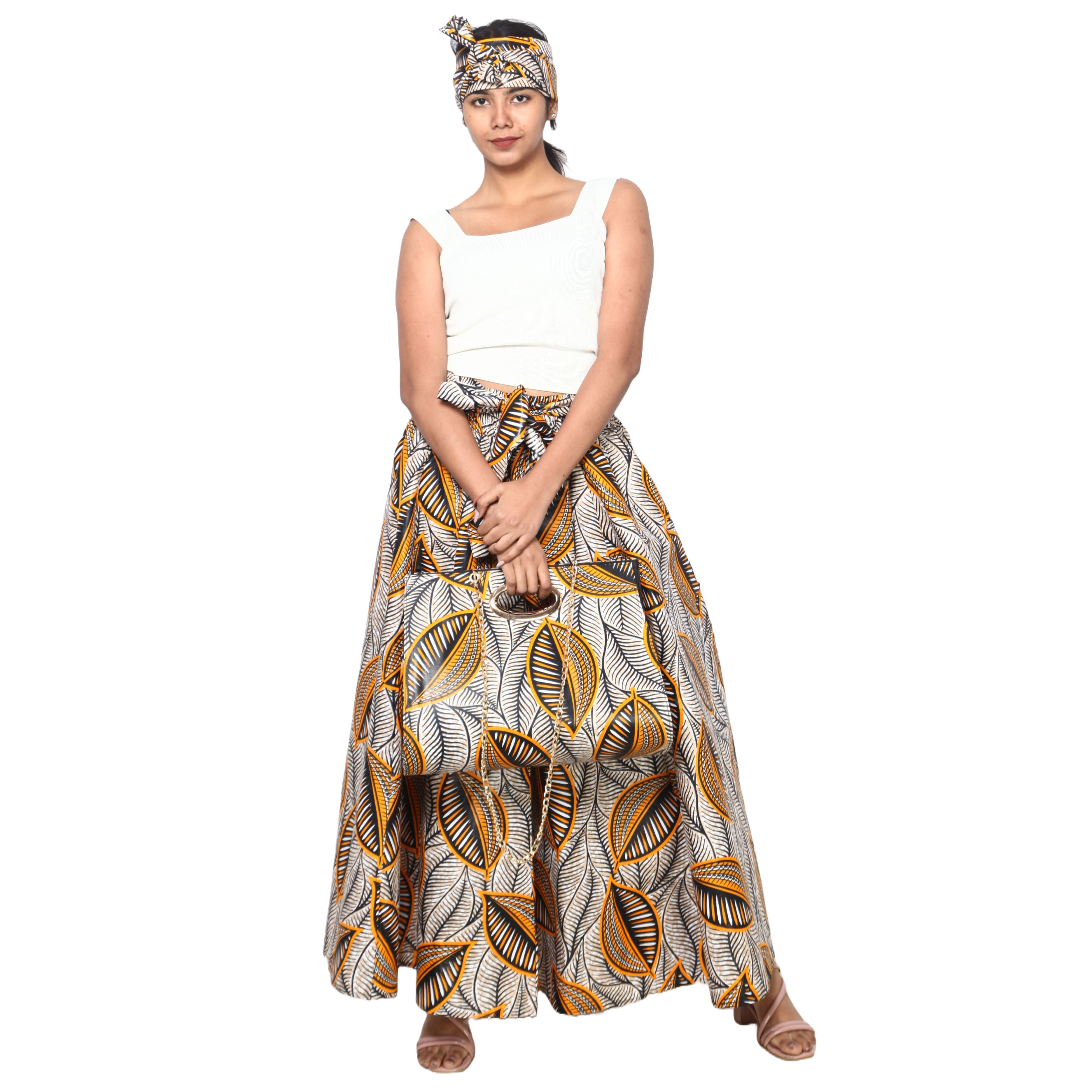 Women's Printed Tie Waist Maxi Skirt with Handbag - FI-32P