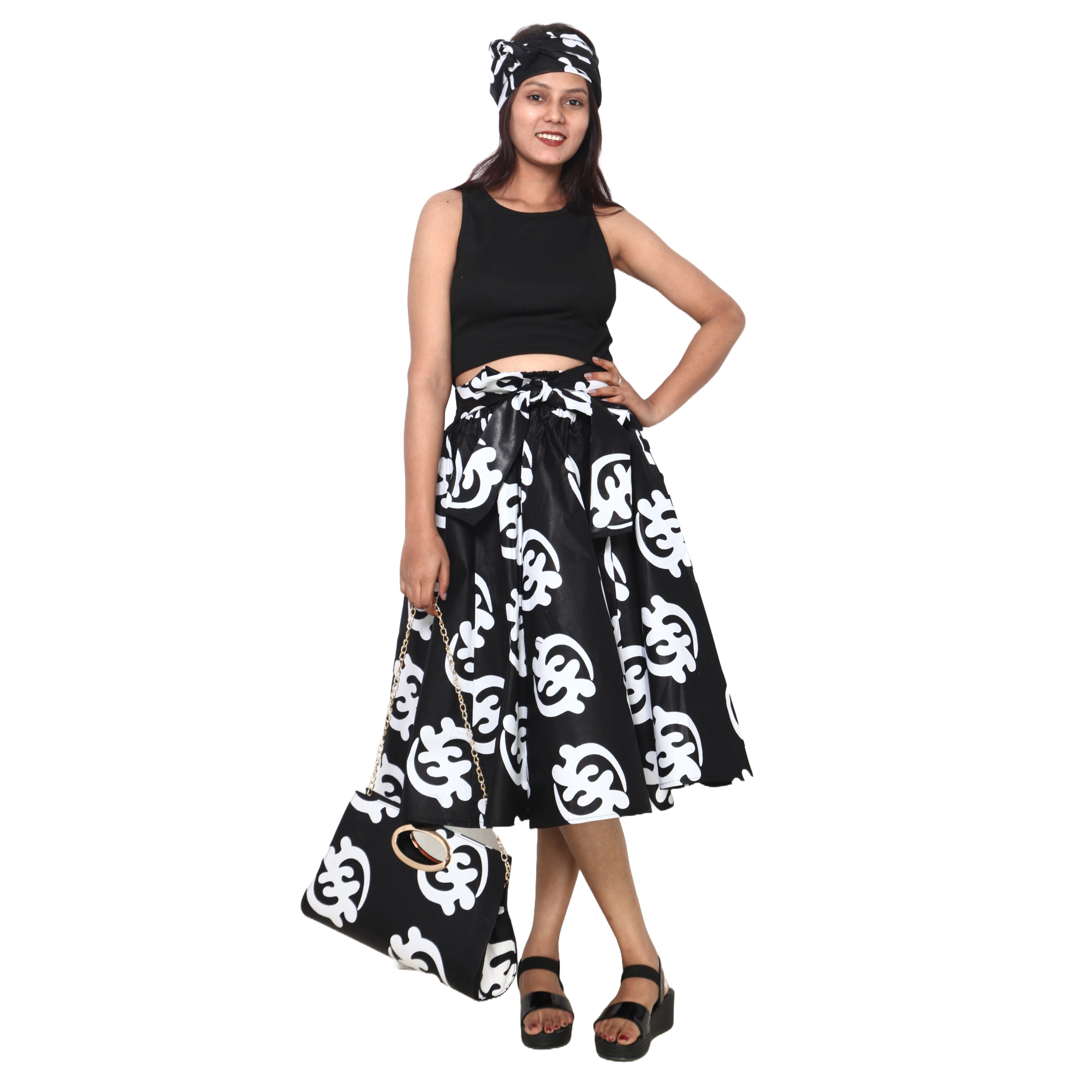 Women's Printed Midi Skirt -- FI-36P With Handbag