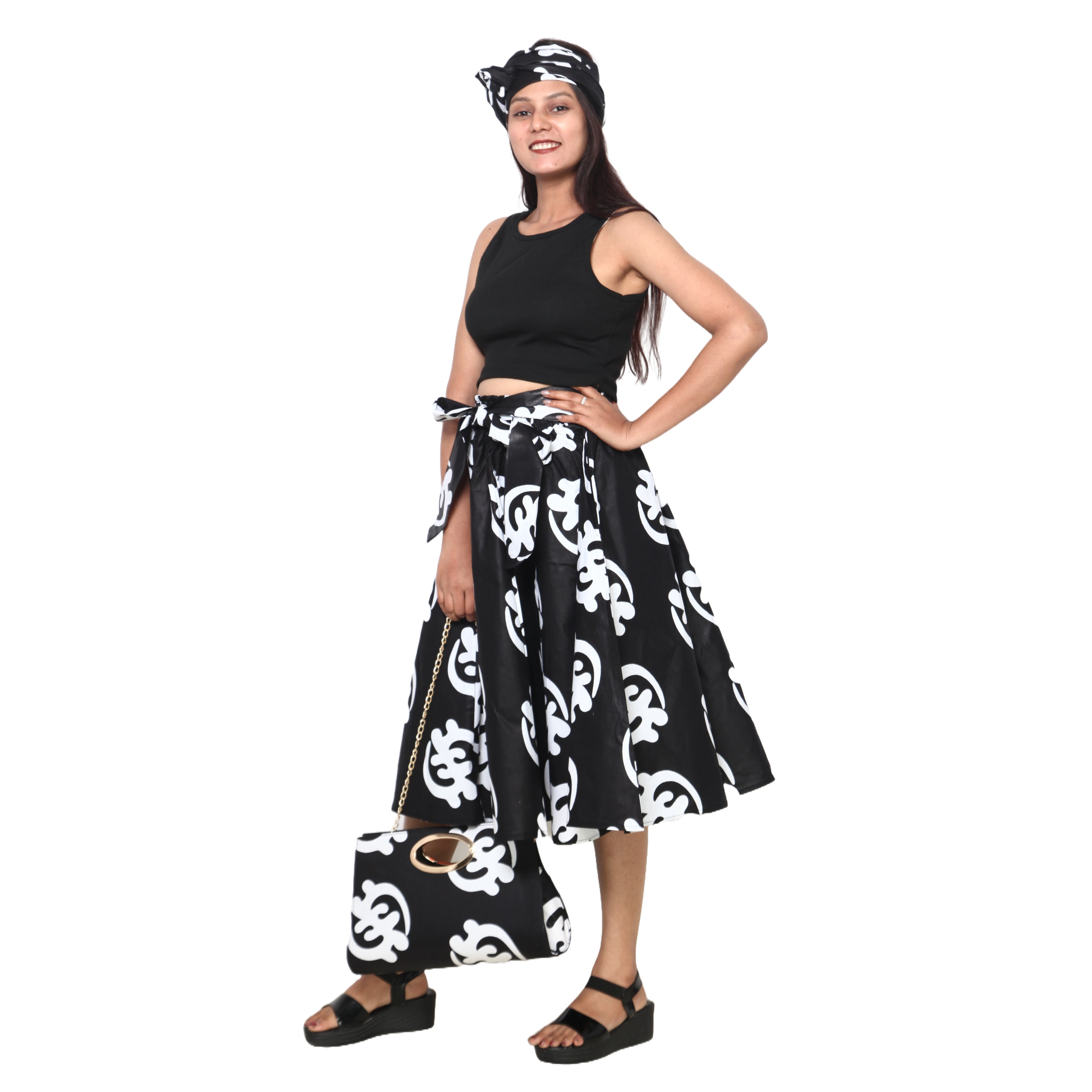 Women's Printed Midi Skirt -- FI-36P With Handbag