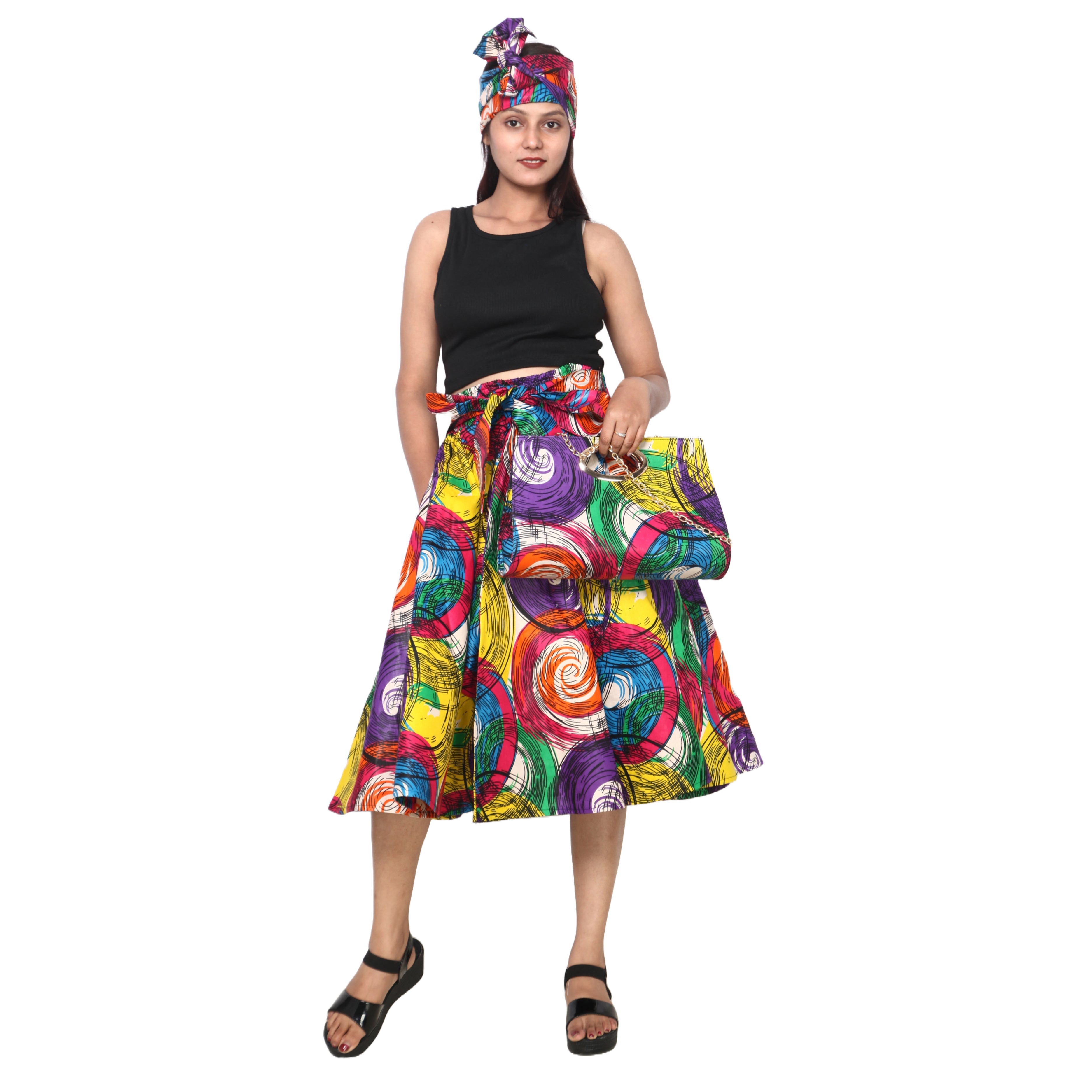 Women's Printed Midi Skirt -- FI-36P With Handbag