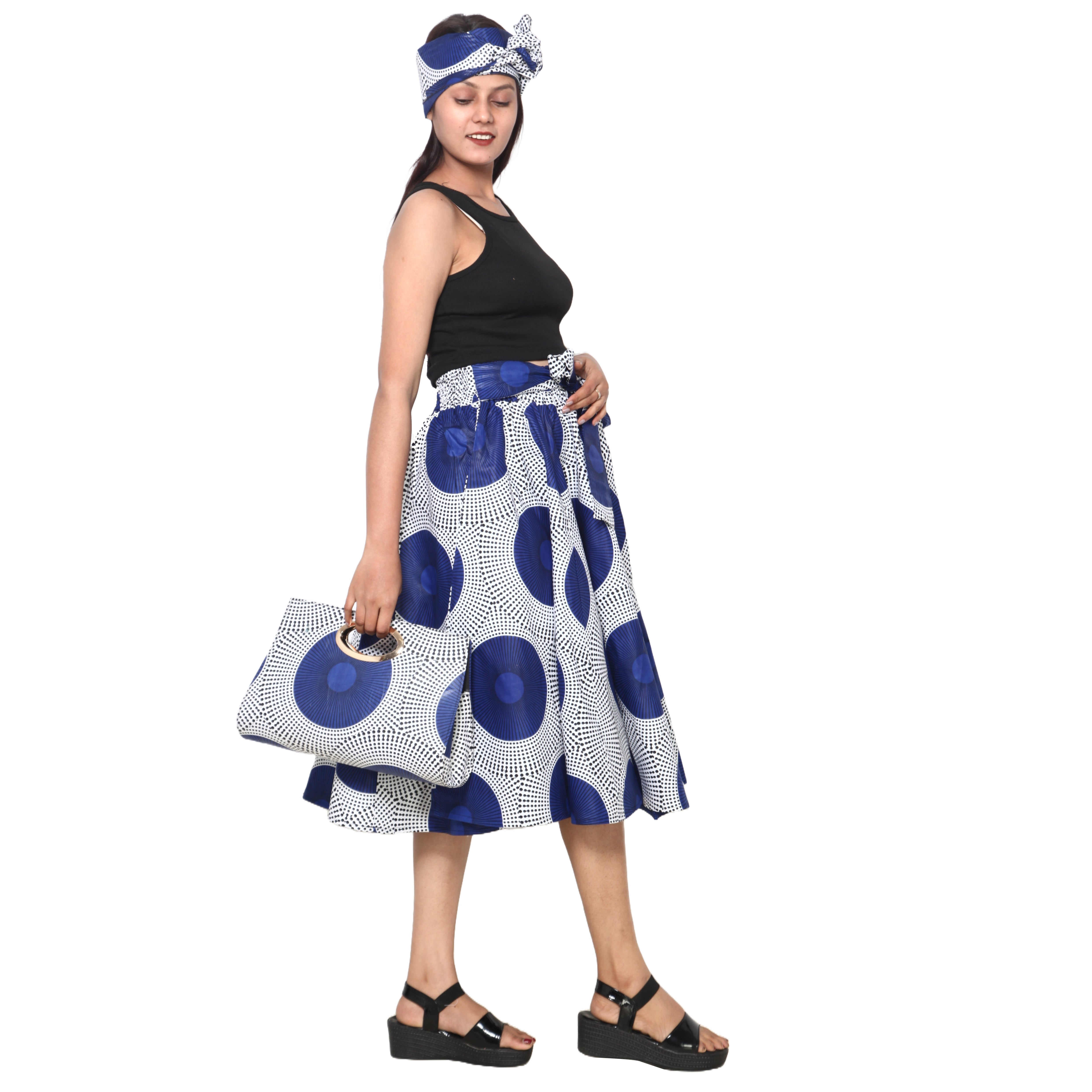 Women's Printed Midi Skirt -- FI-36P With Handbag