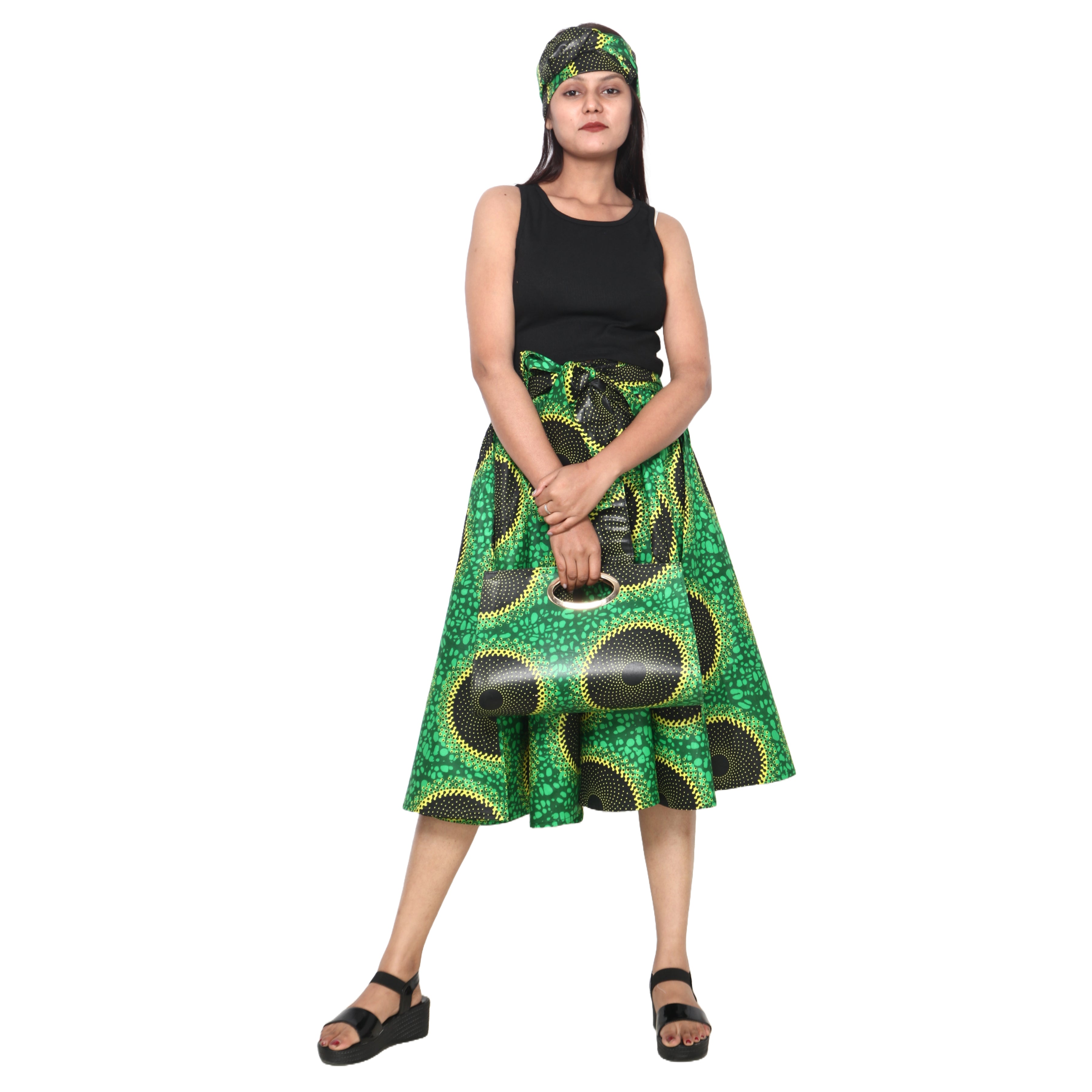 Women's Printed Midi Skirt -- FI-36P With Handbag