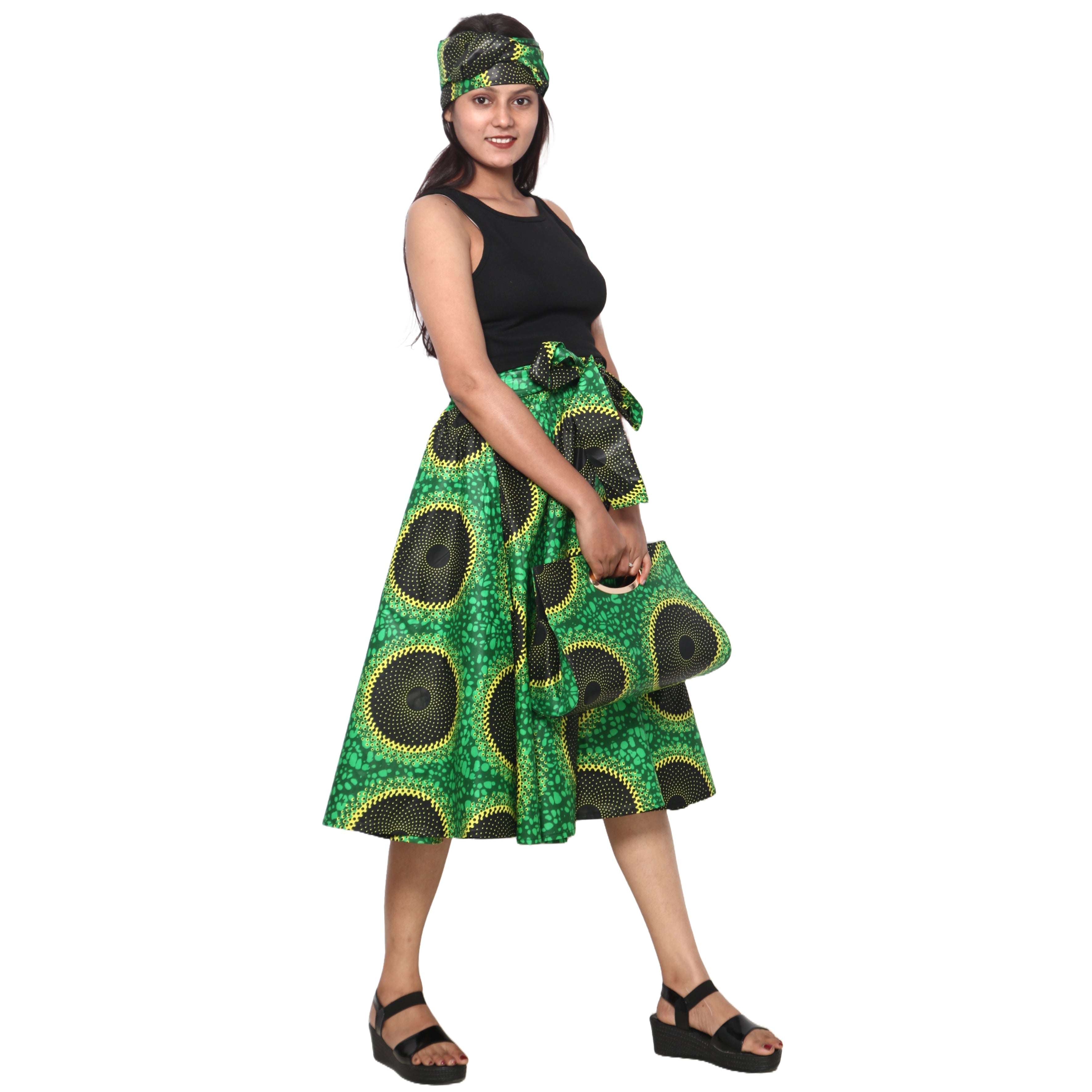 Women's Printed Midi Skirt -- FI-36P With Handbag