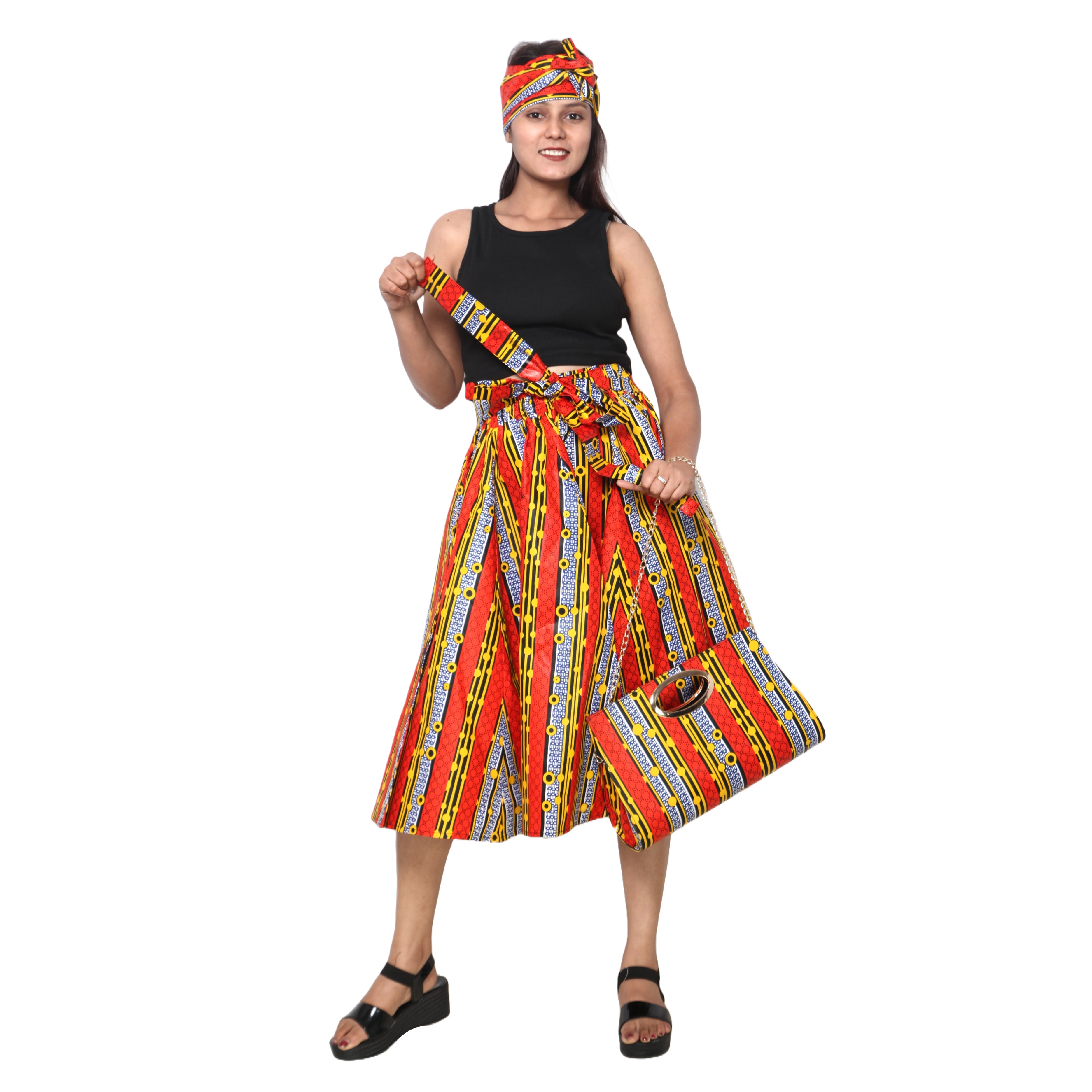 Women's Printed Midi Skirt -- FI-36P With Handbag