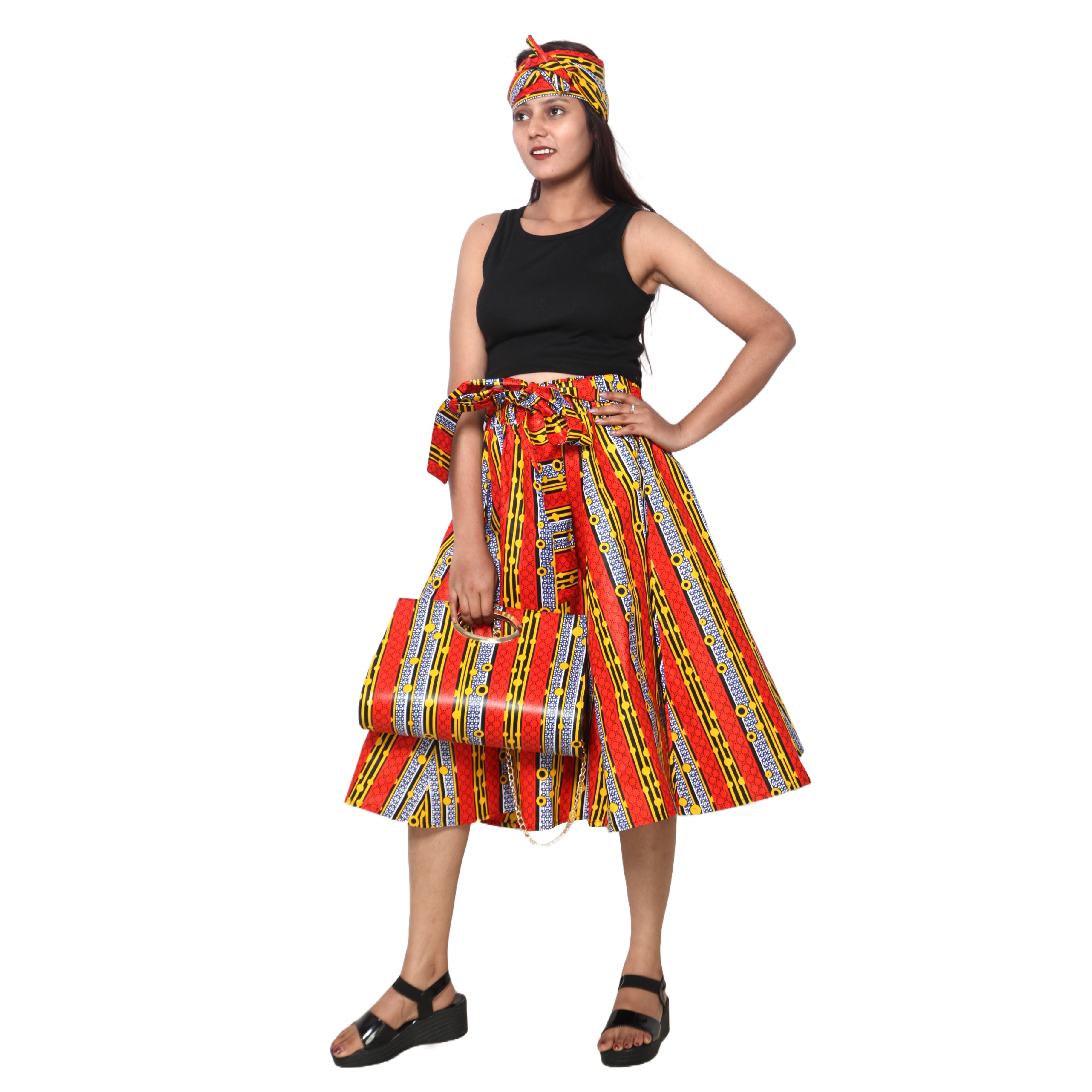 Women's Printed Midi Skirt -- FI-36P With Handbag