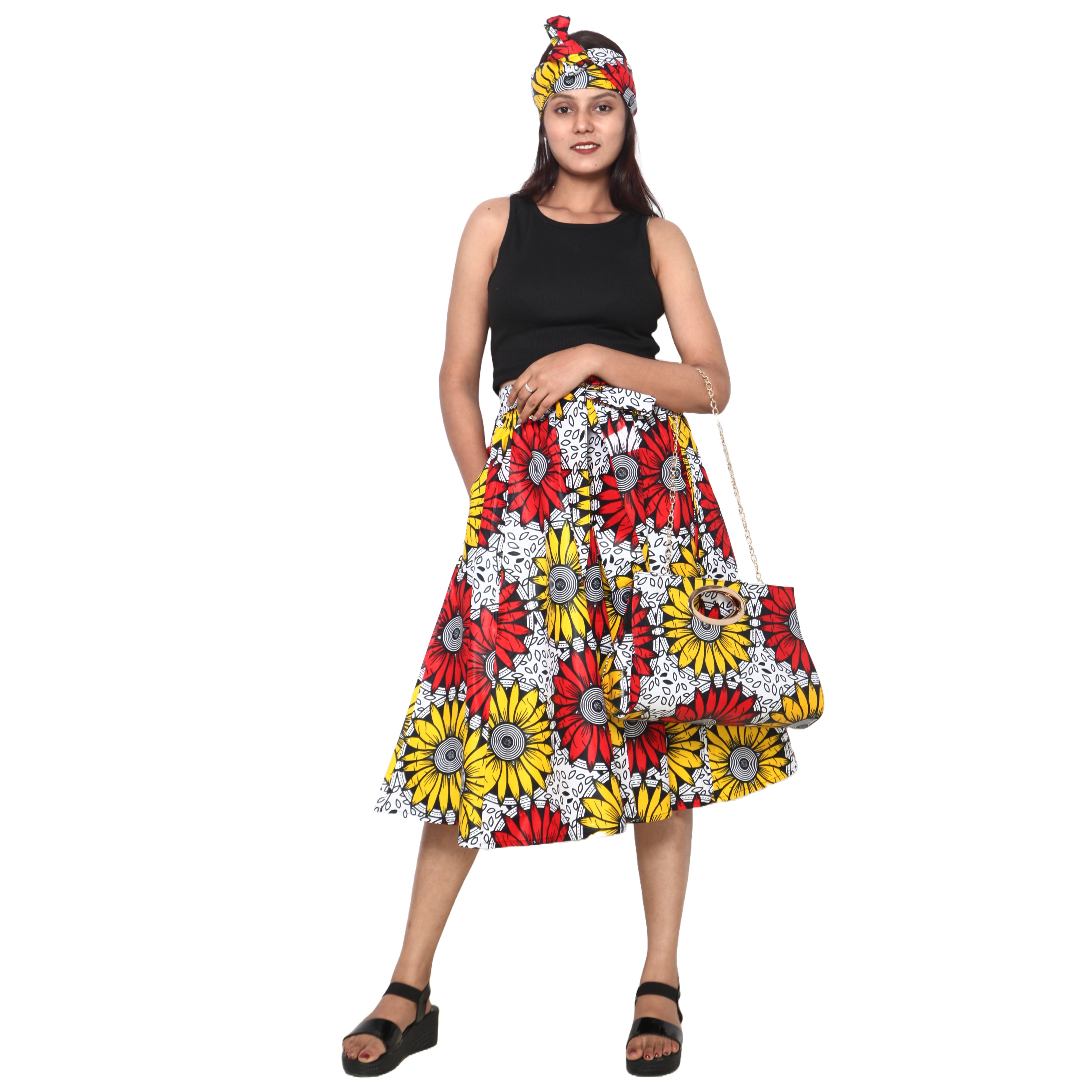 Women's Printed Midi Skirt -- FI-36P With Handbag