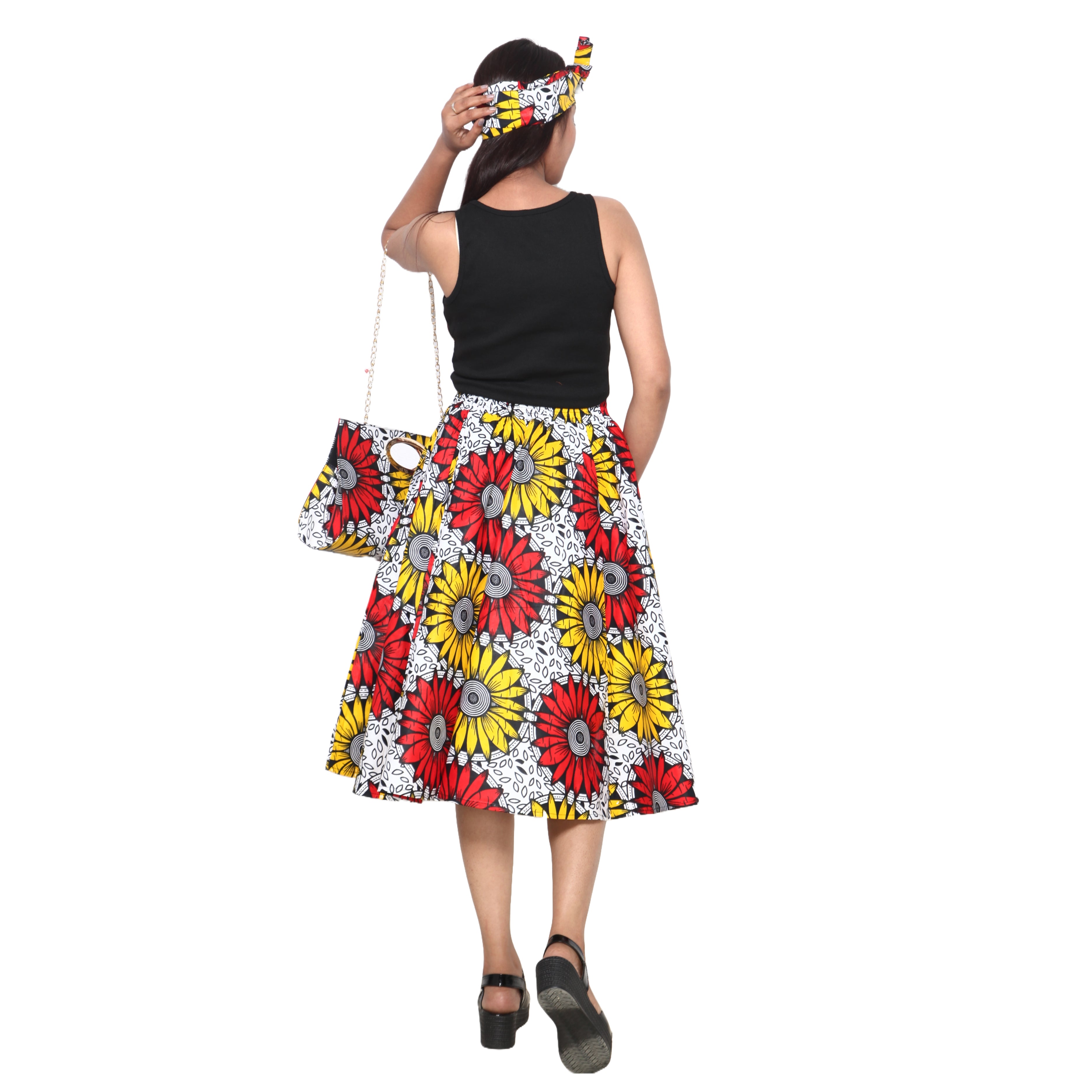 Women's Printed Midi Skirt -- FI-36P With Handbag