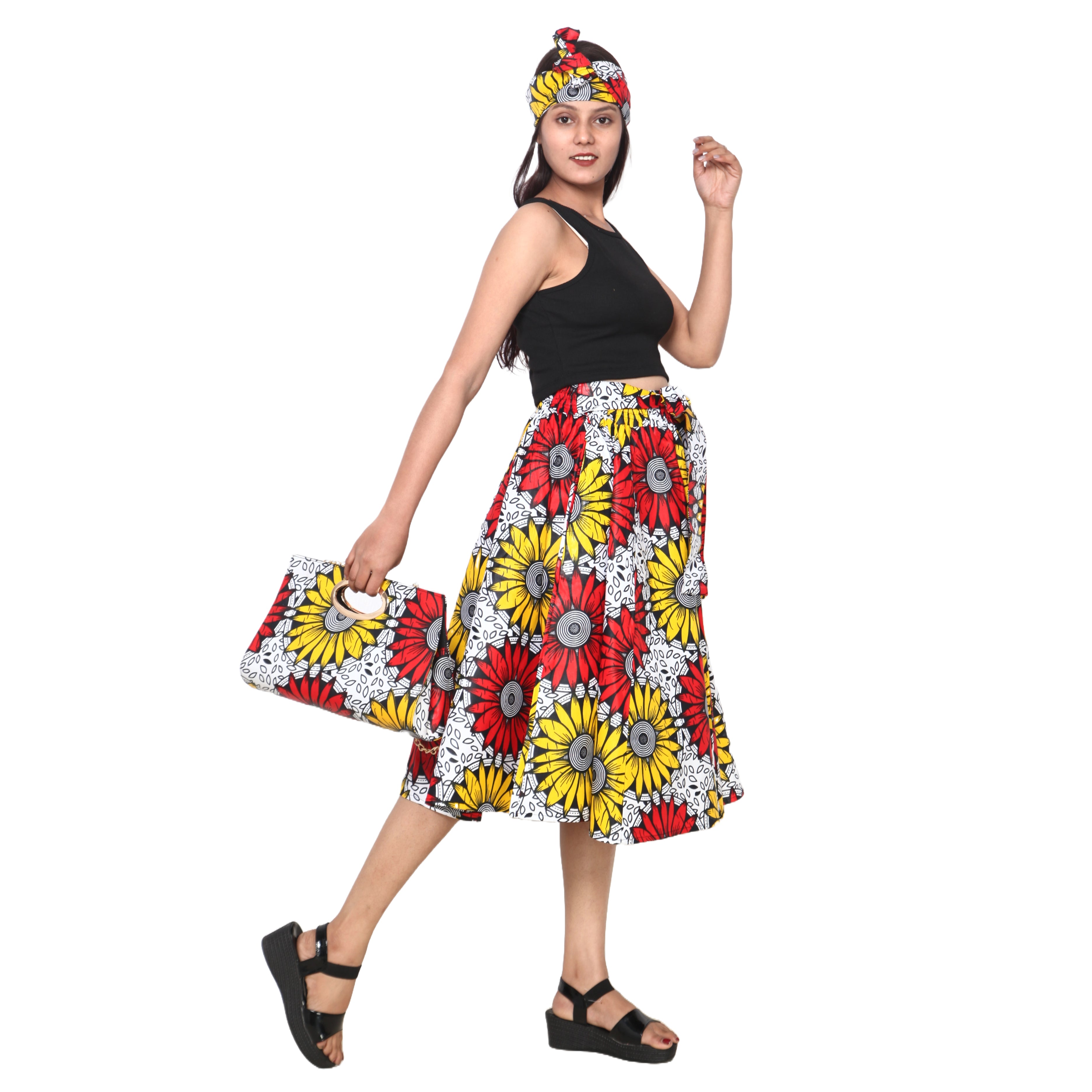 Women's Printed Midi Skirt -- FI-36P With Handbag