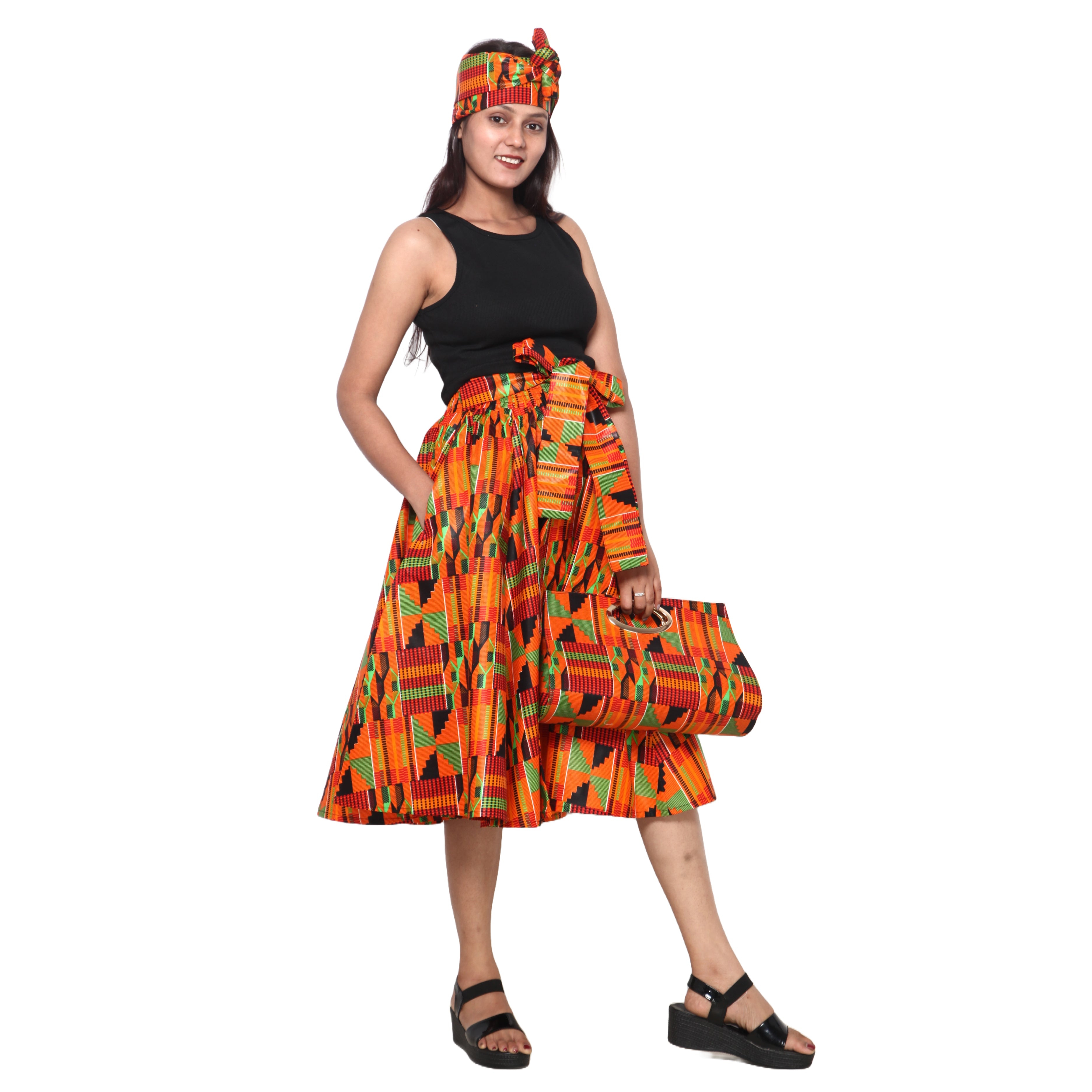 Women's Printed Midi Skirt -- FI-36P With Handbag