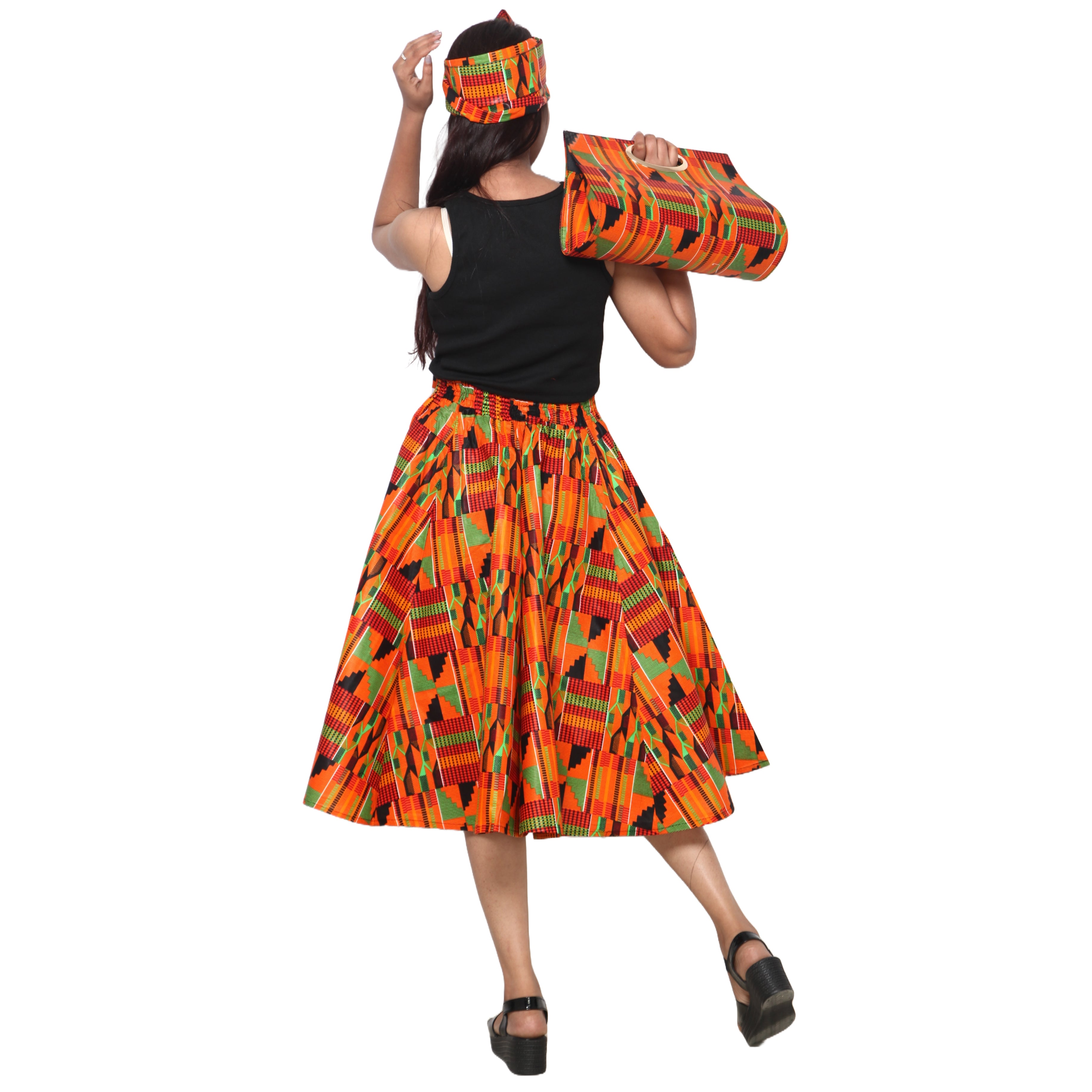 Women's Printed Midi Skirt -- FI-36P With Handbag