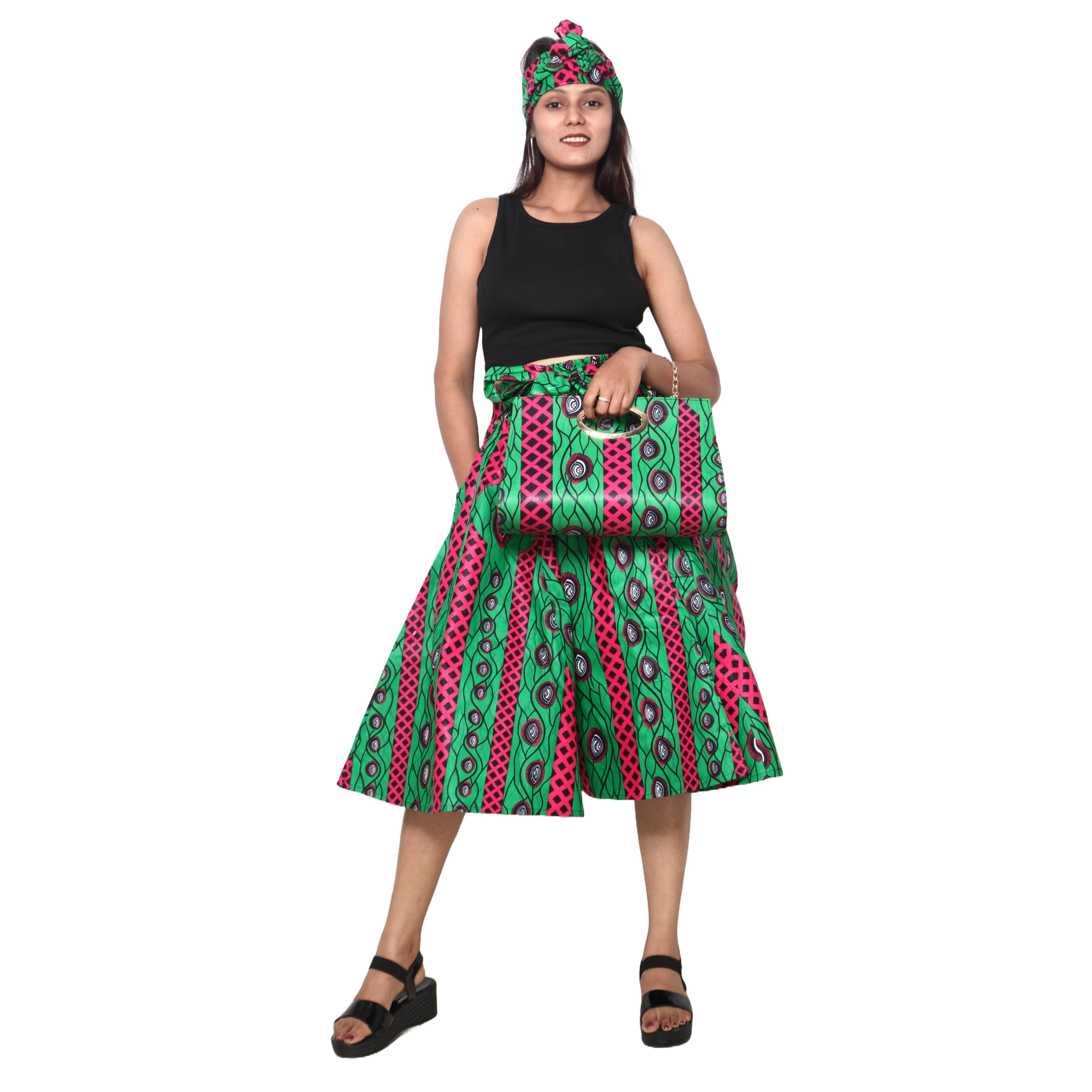 Women's Printed Midi Skirt -- FI-36P With Handbag