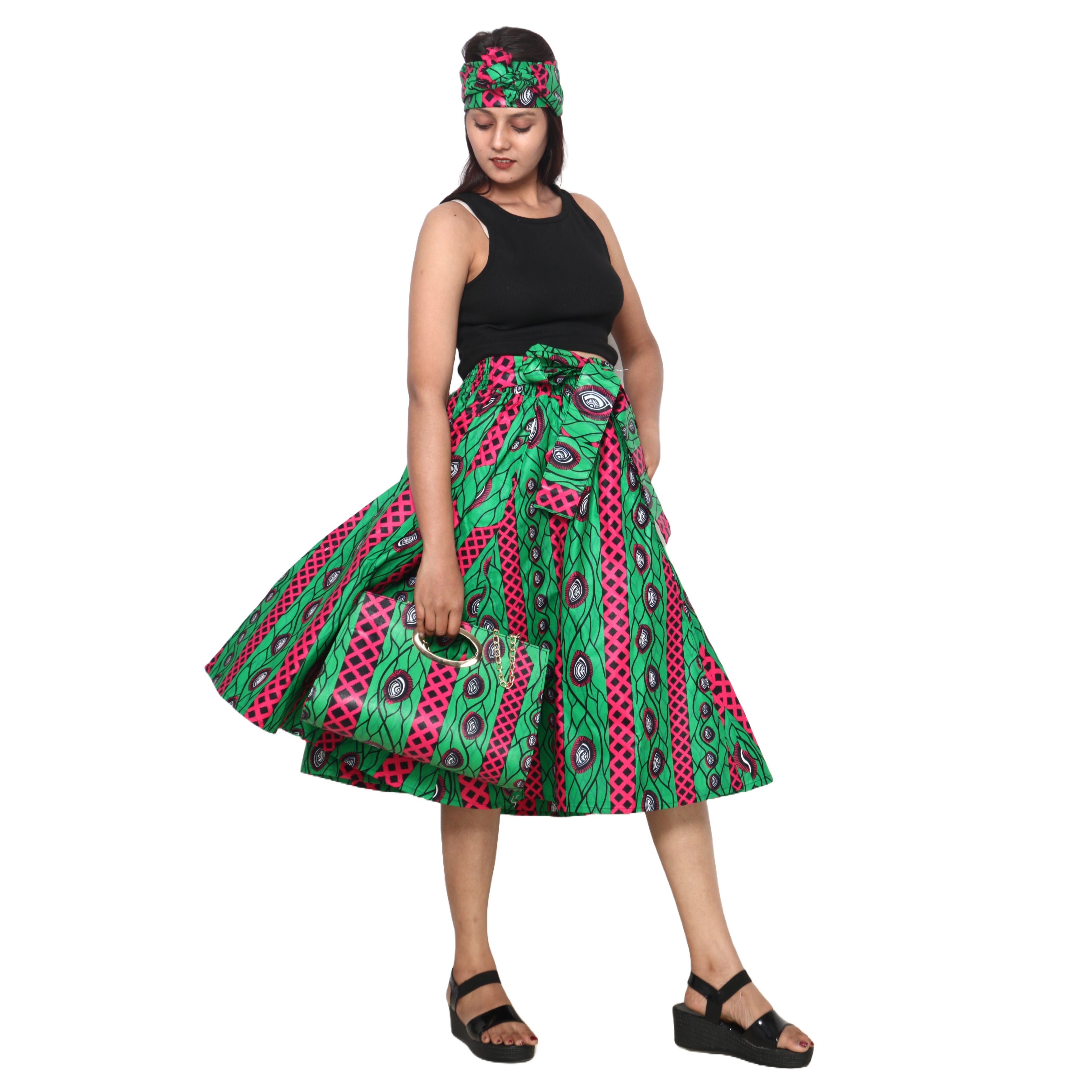 Women's Printed Midi Skirt -- FI-36P With Handbag