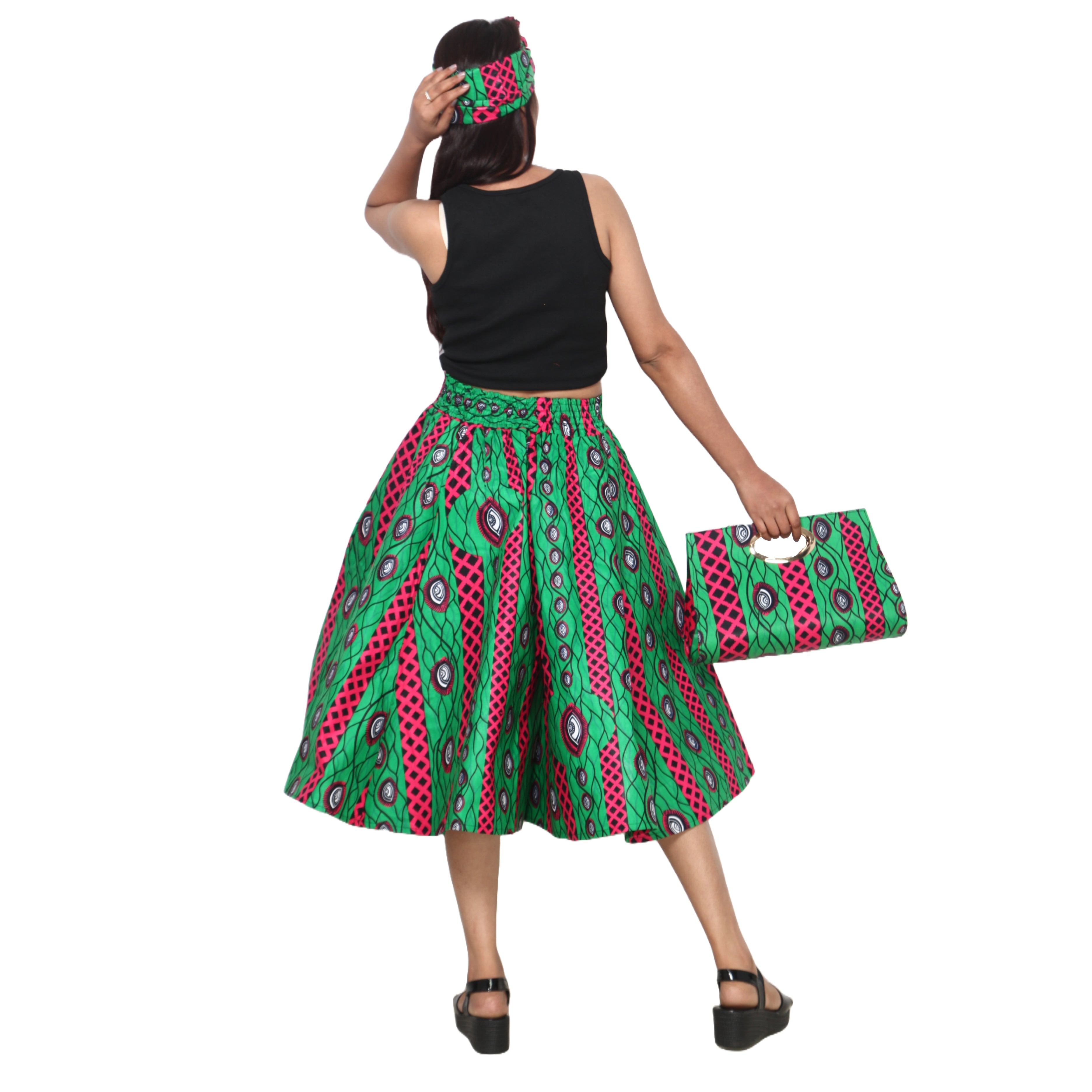 Women's Printed Midi Skirt -- FI-36P With Handbag