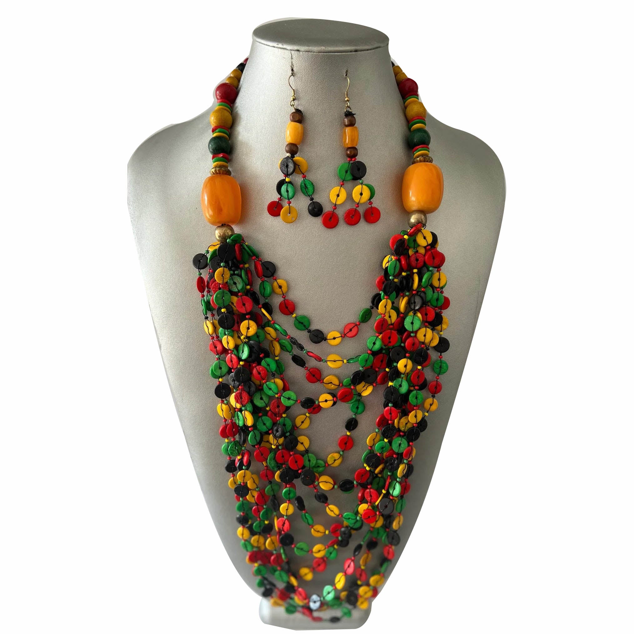 Long Multi Layer Beaded Necklace and Earrings Set with Gemstones