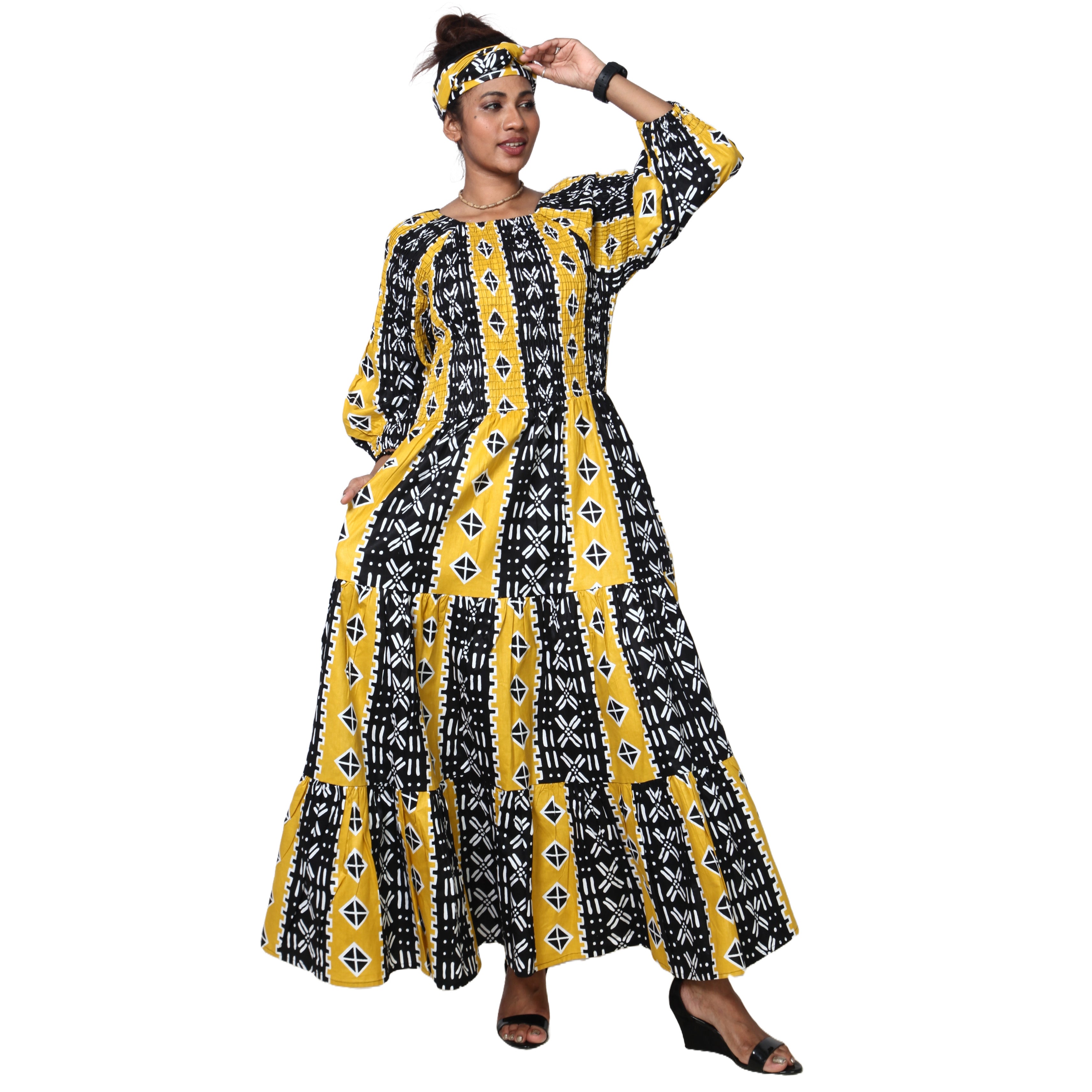 Women's Smocking Long Sleeve Maxi Dress -- FI-50083