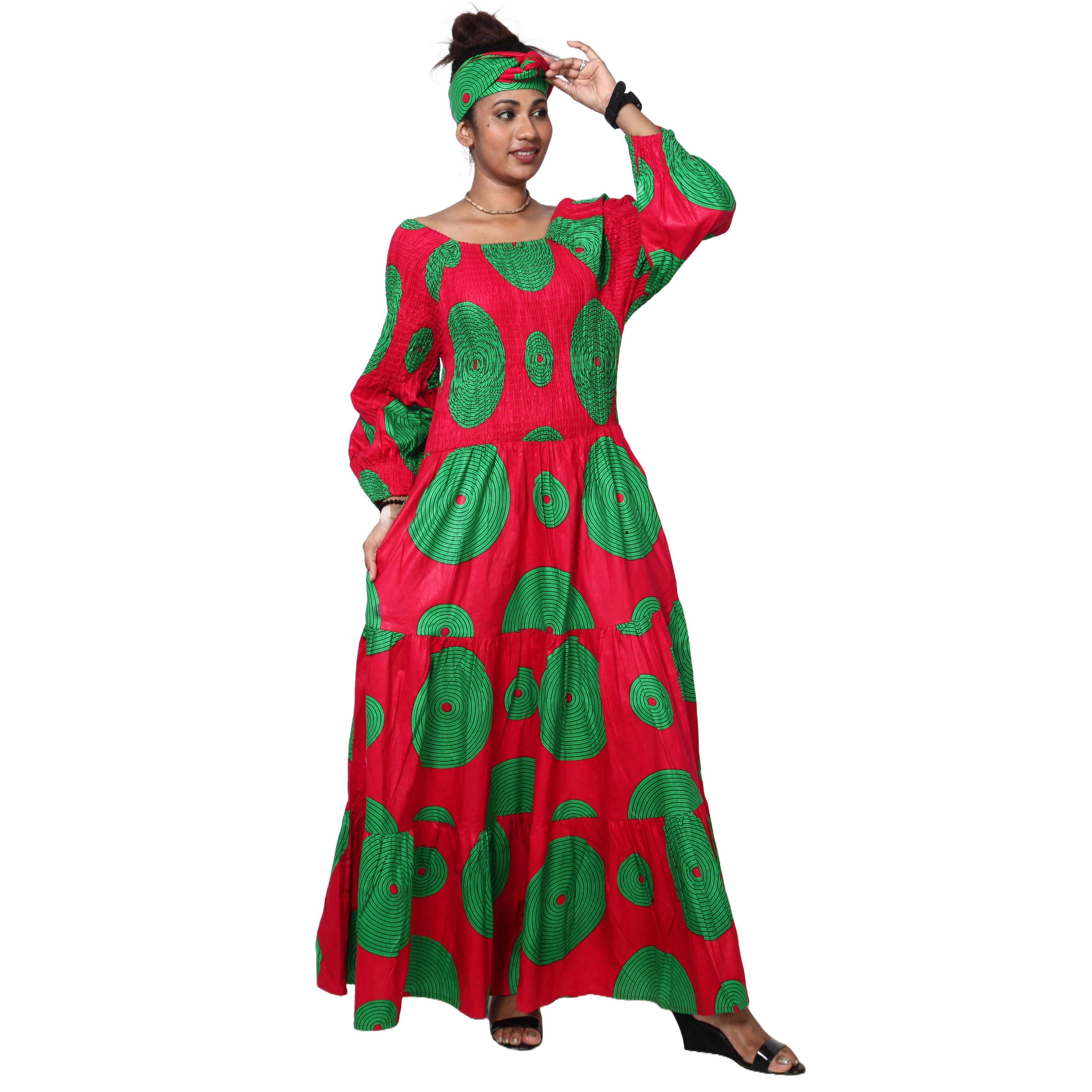 Women's Smocking Long Sleeve Maxi Dress -- FI-50083