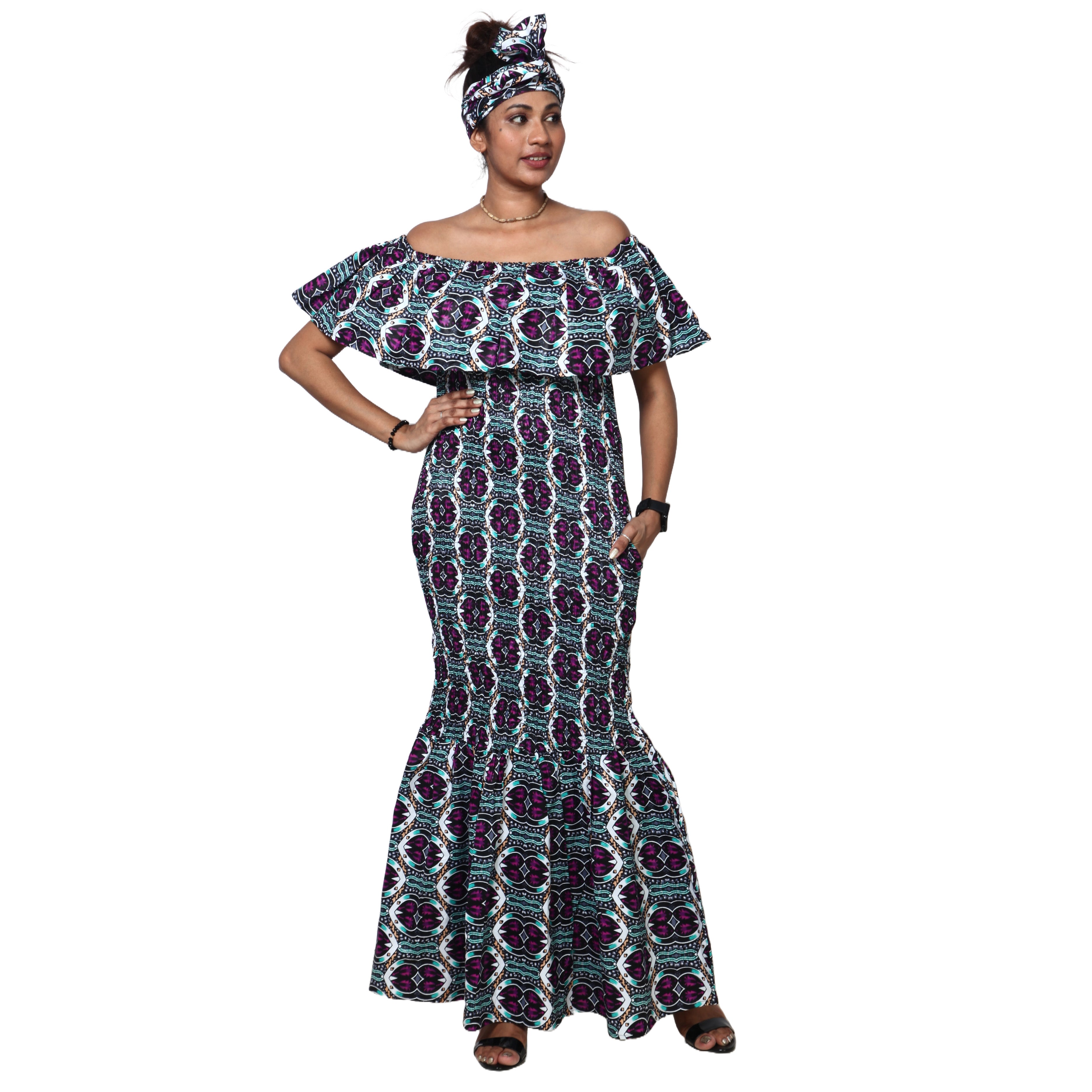 Women's Off Shoulder Short Sleeve Smocking Maxi Dress -- FI-P50077 HS