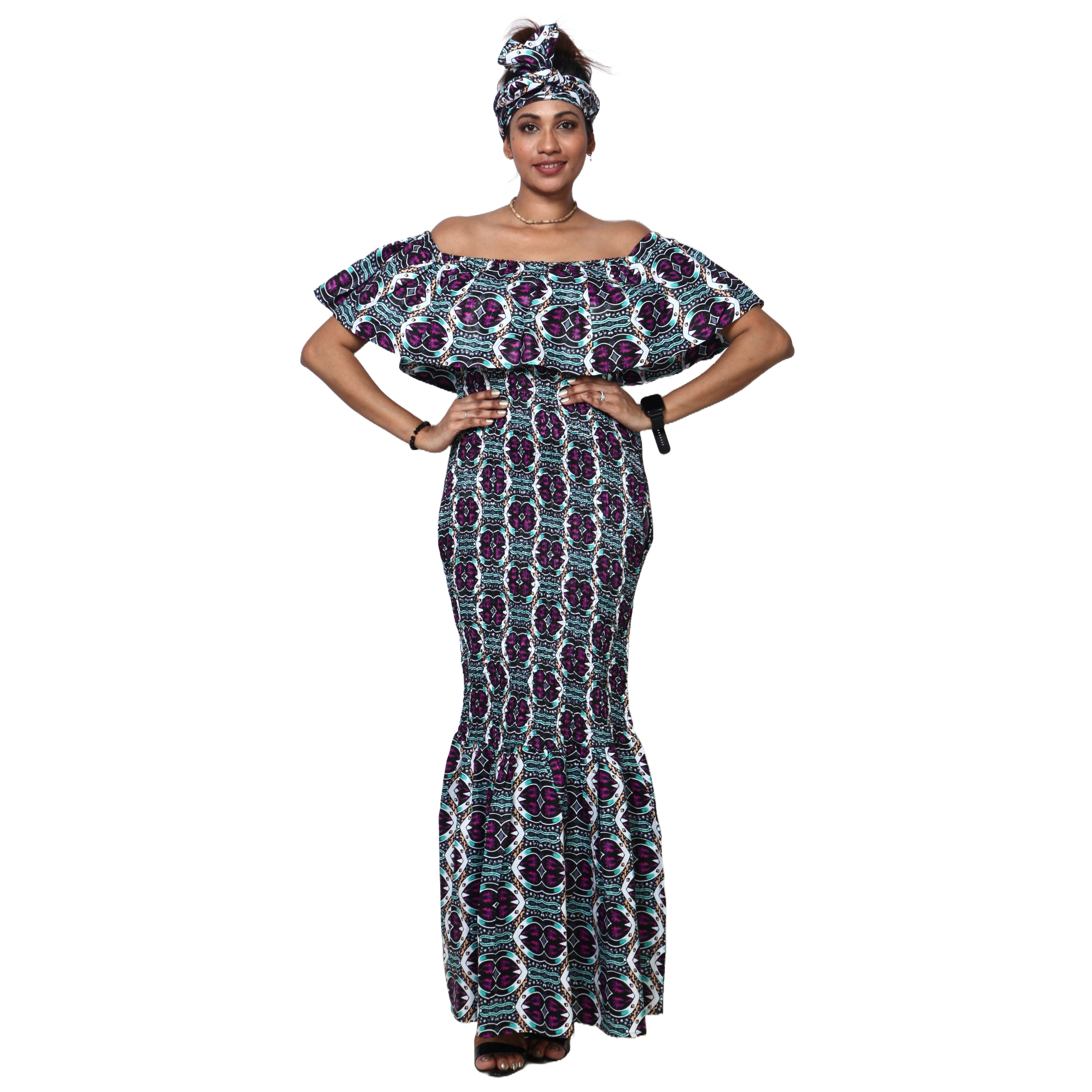 Women's Off Shoulder Short Sleeve Smocking Maxi Dress -- FI-P50077 HS