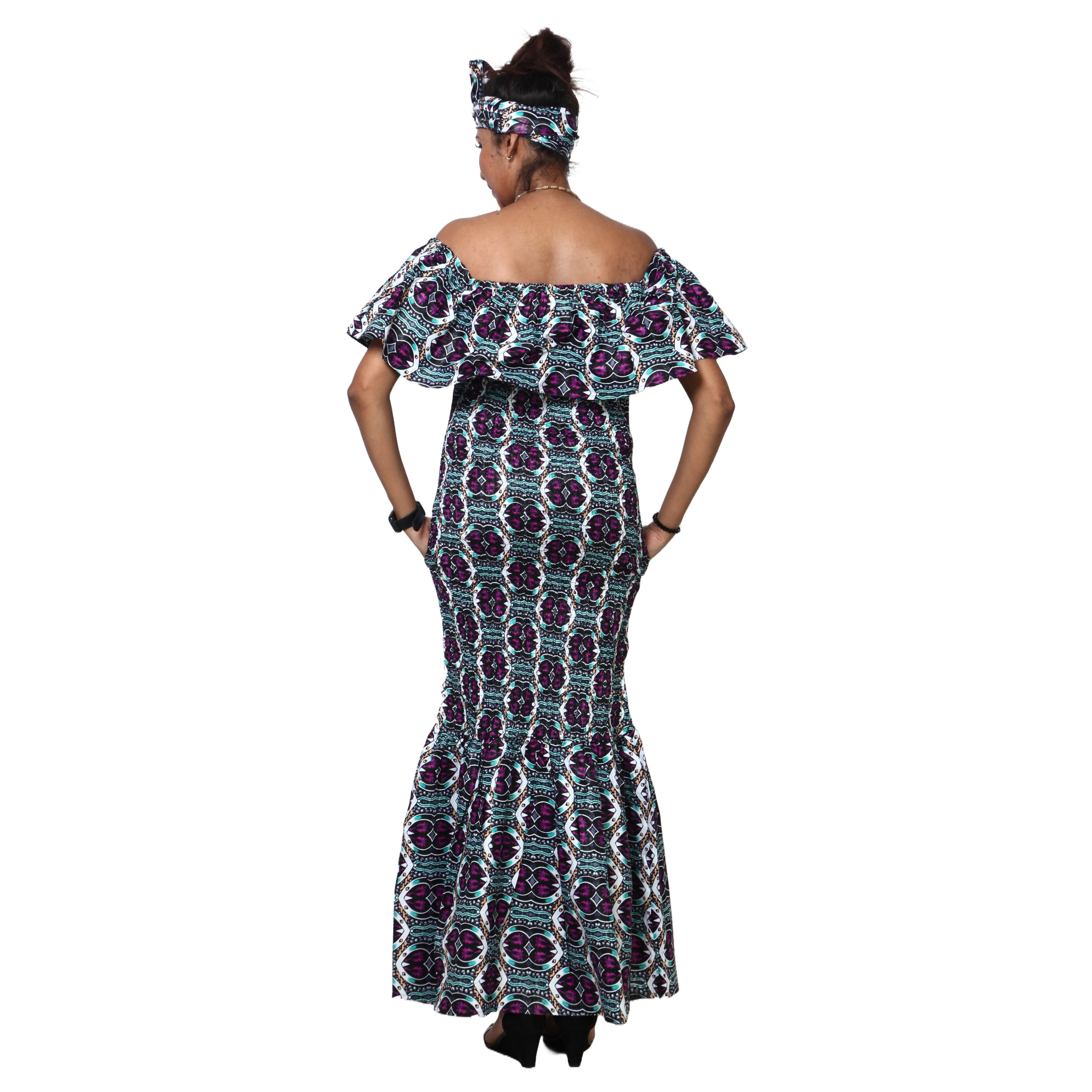 Women's Off Shoulder Short Sleeve Smocking Maxi Dress -- FI-P50077 HS