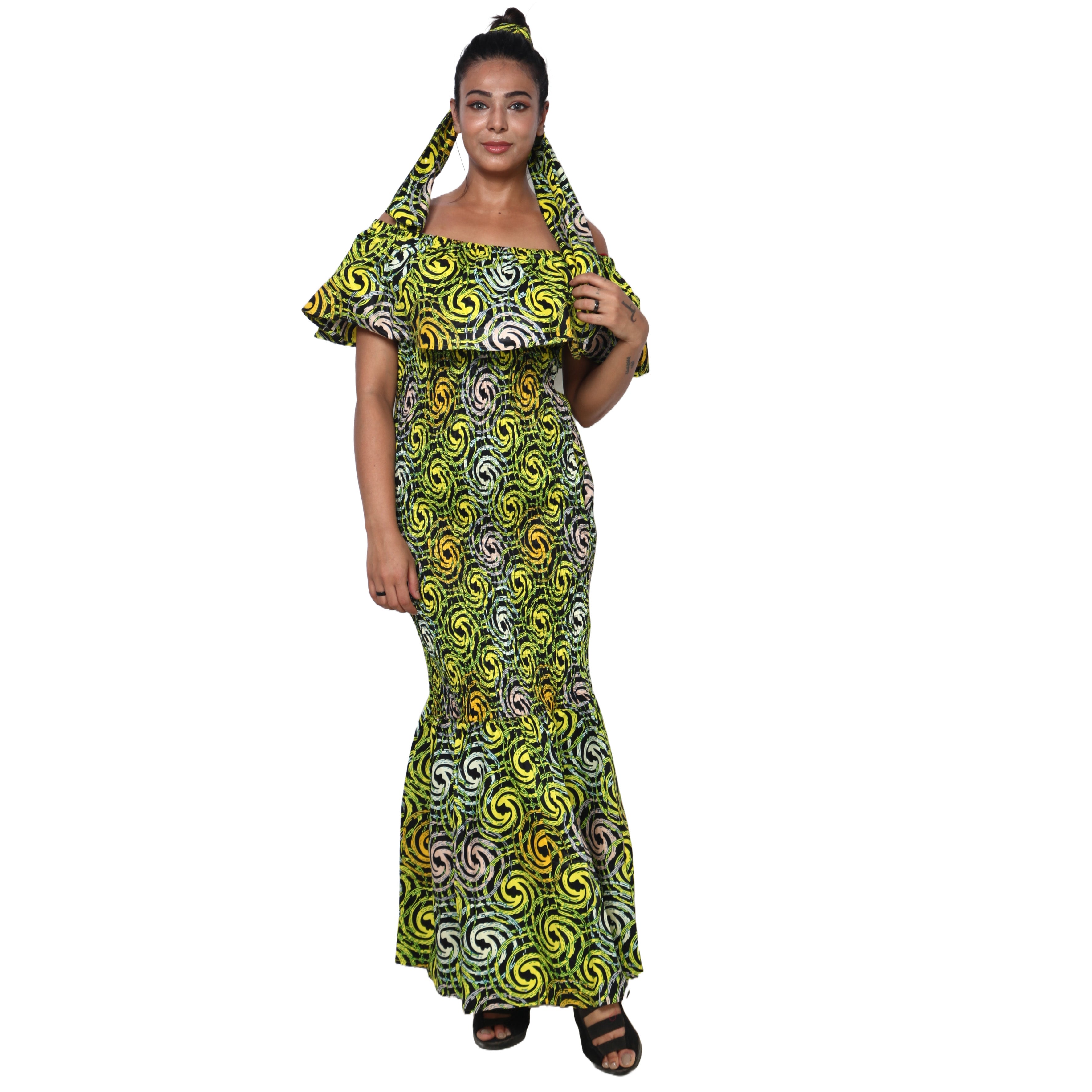 Women's Off Shoulder Short Sleeve Smocking Maxi Dress -- FI-P50077 HS