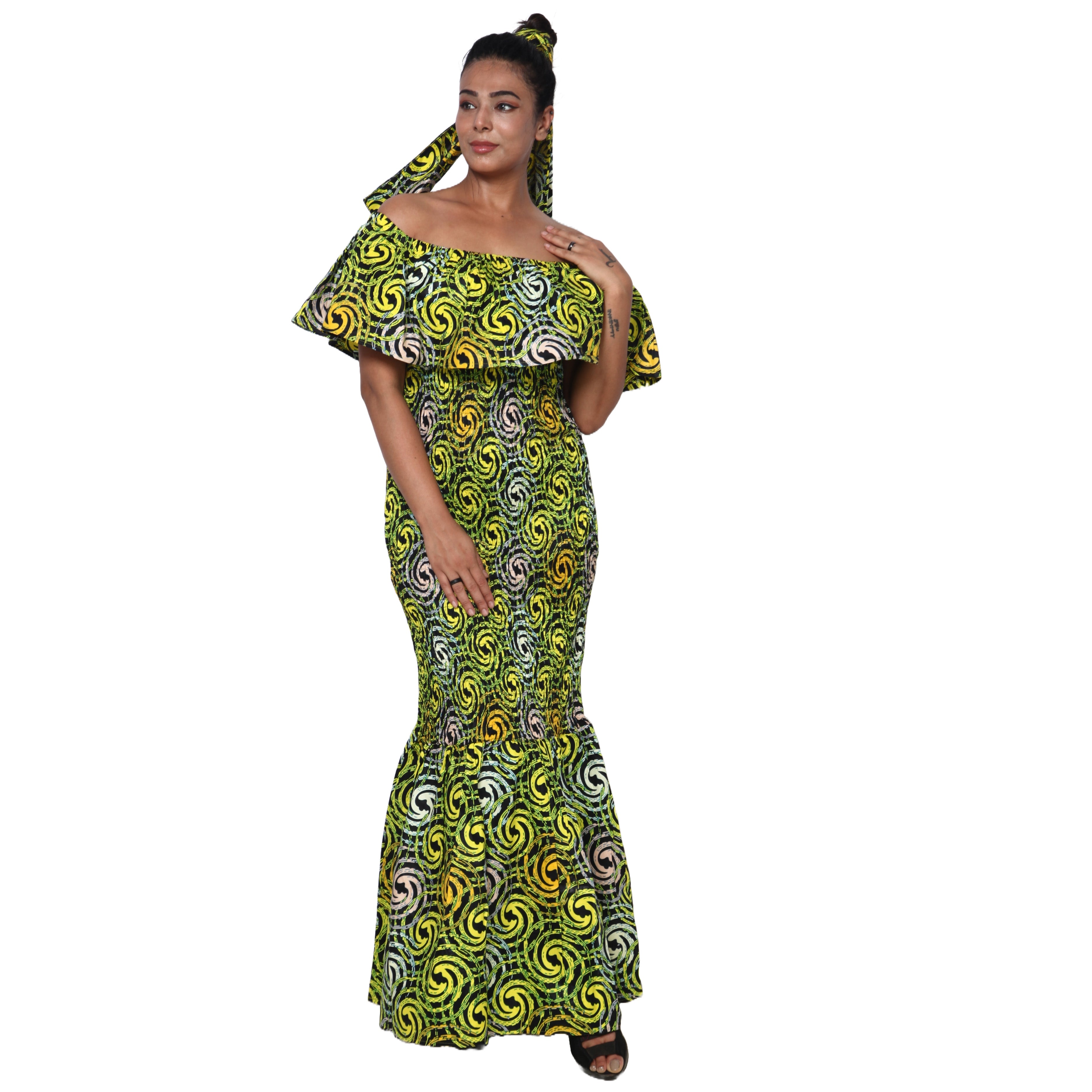 Women's Off Shoulder Short Sleeve Smocking Maxi Dress -- FI-P50077 HS