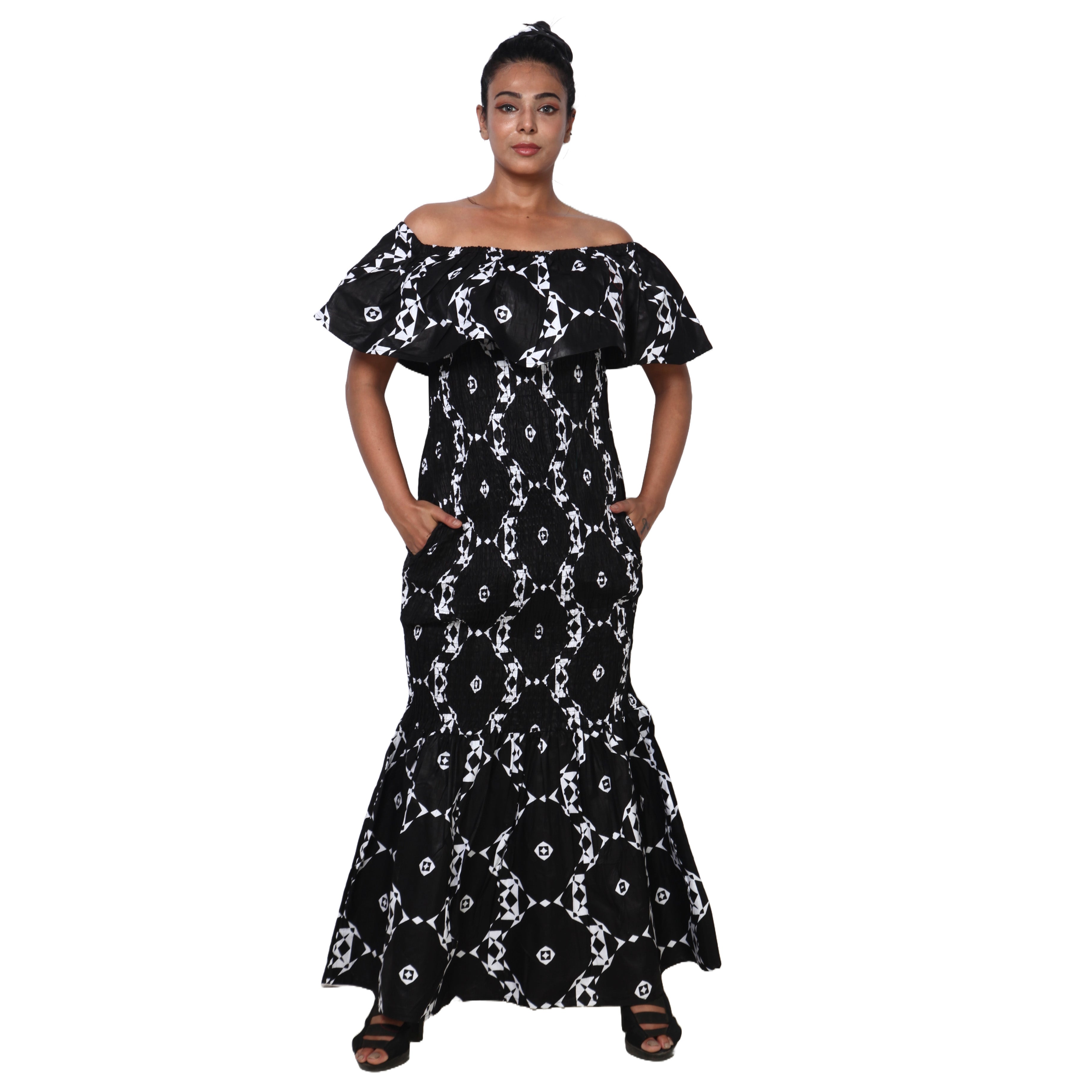 Women's Off Shoulder Short Sleeve Smocking Maxi Dress -- FI-P50077 HS