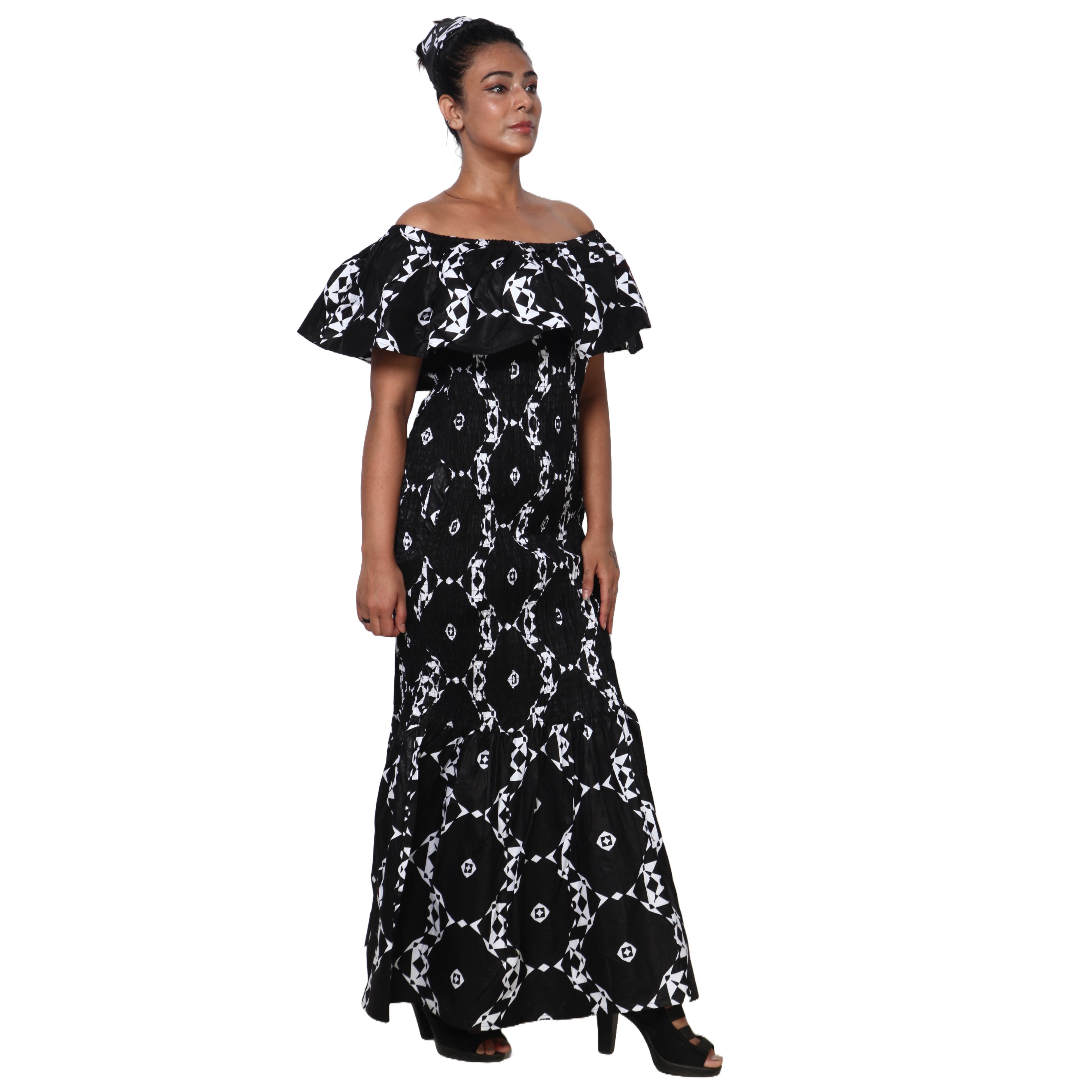 Women's Off Shoulder Short Sleeve Smocking Maxi Dress -- FI-P50077 HS