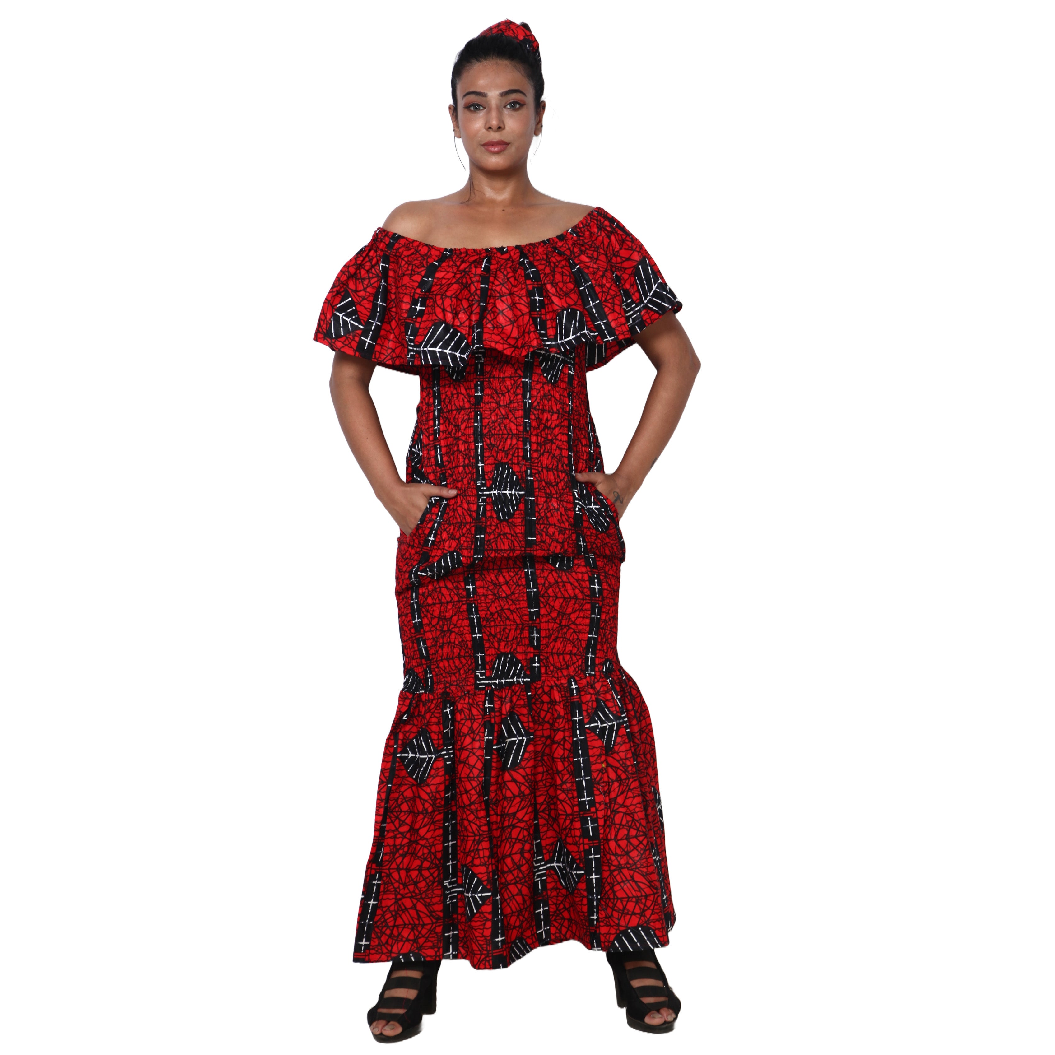 Women's Off Shoulder Short Sleeve Smocking Maxi Dress -- FI-P50077 HS