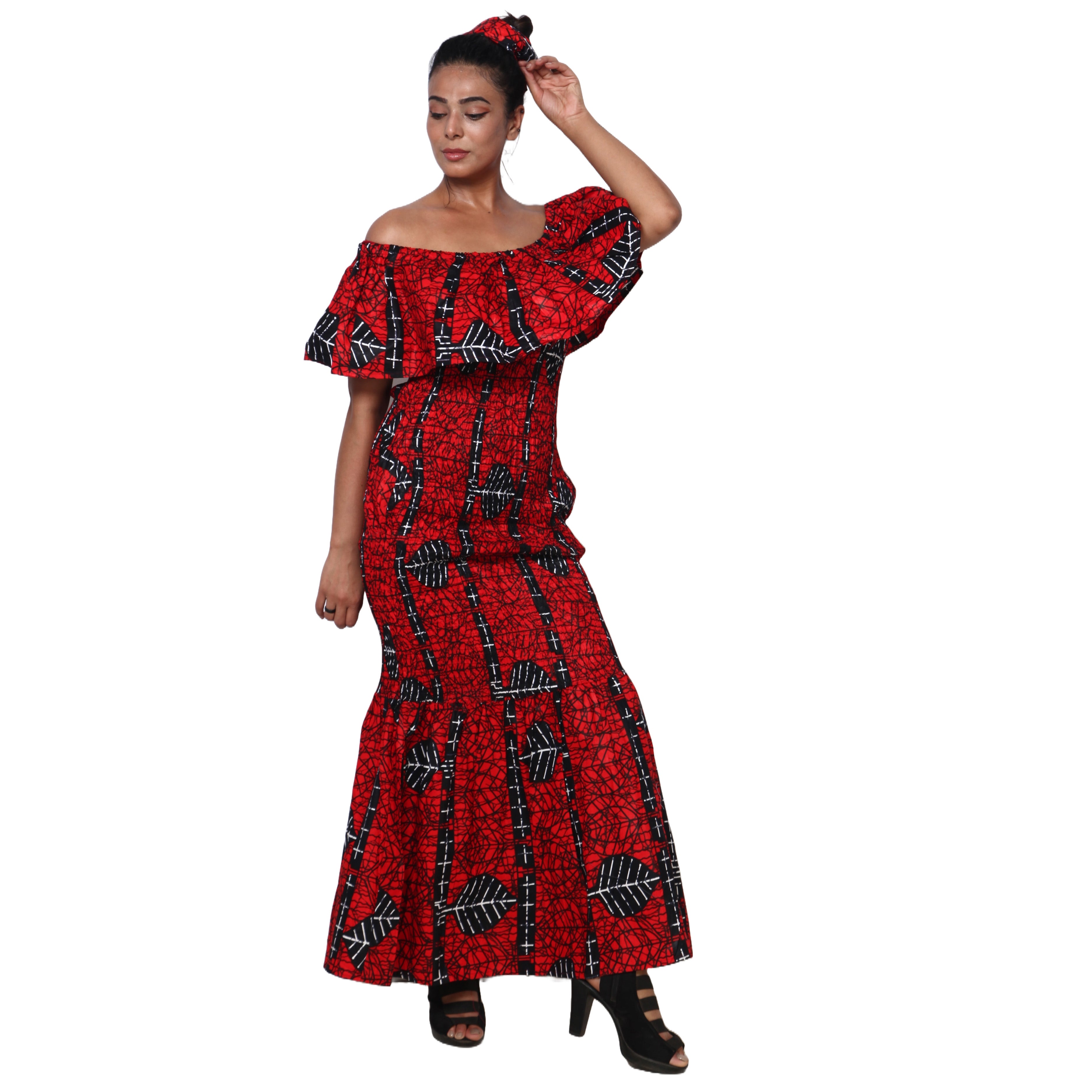 Women's Off Shoulder Short Sleeve Smocking Maxi Dress -- FI-P50077 HS