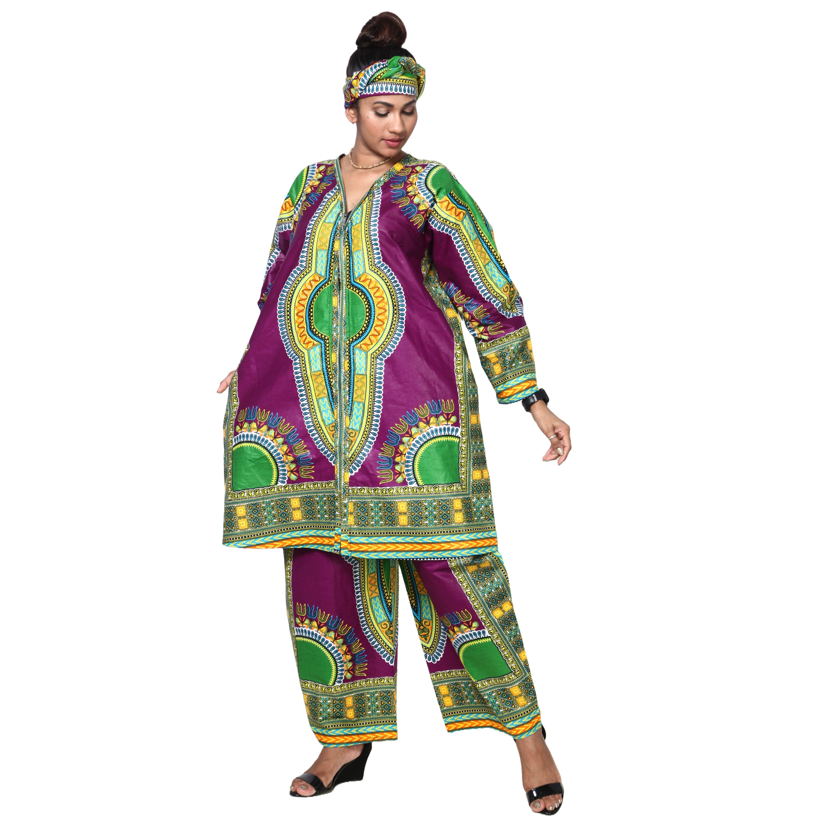 Women's Dashiki Tunic Top and Matching Pants Set -- FI-4049