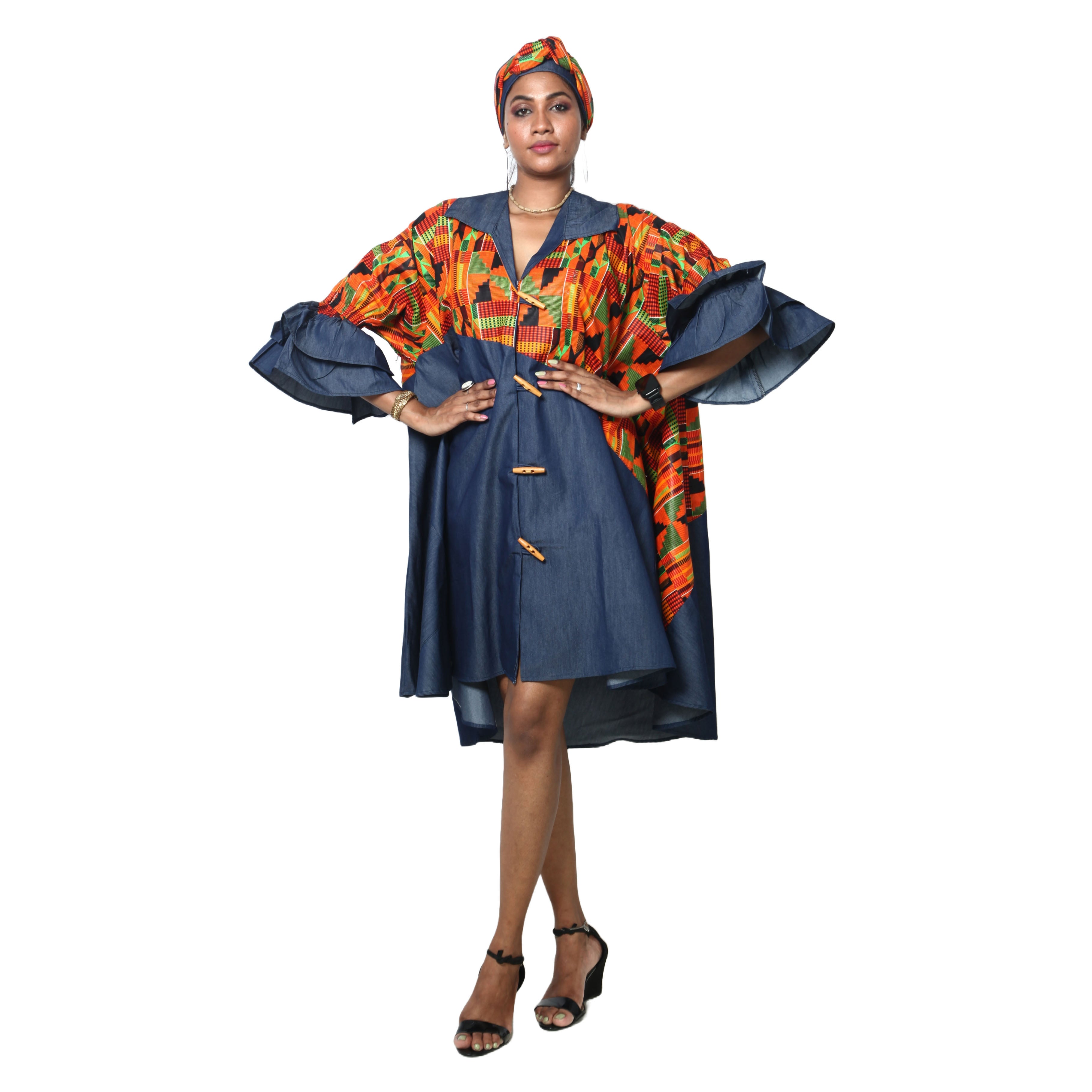 Women's Printed Denim Dress with Toggle Buttons -- FI-3139