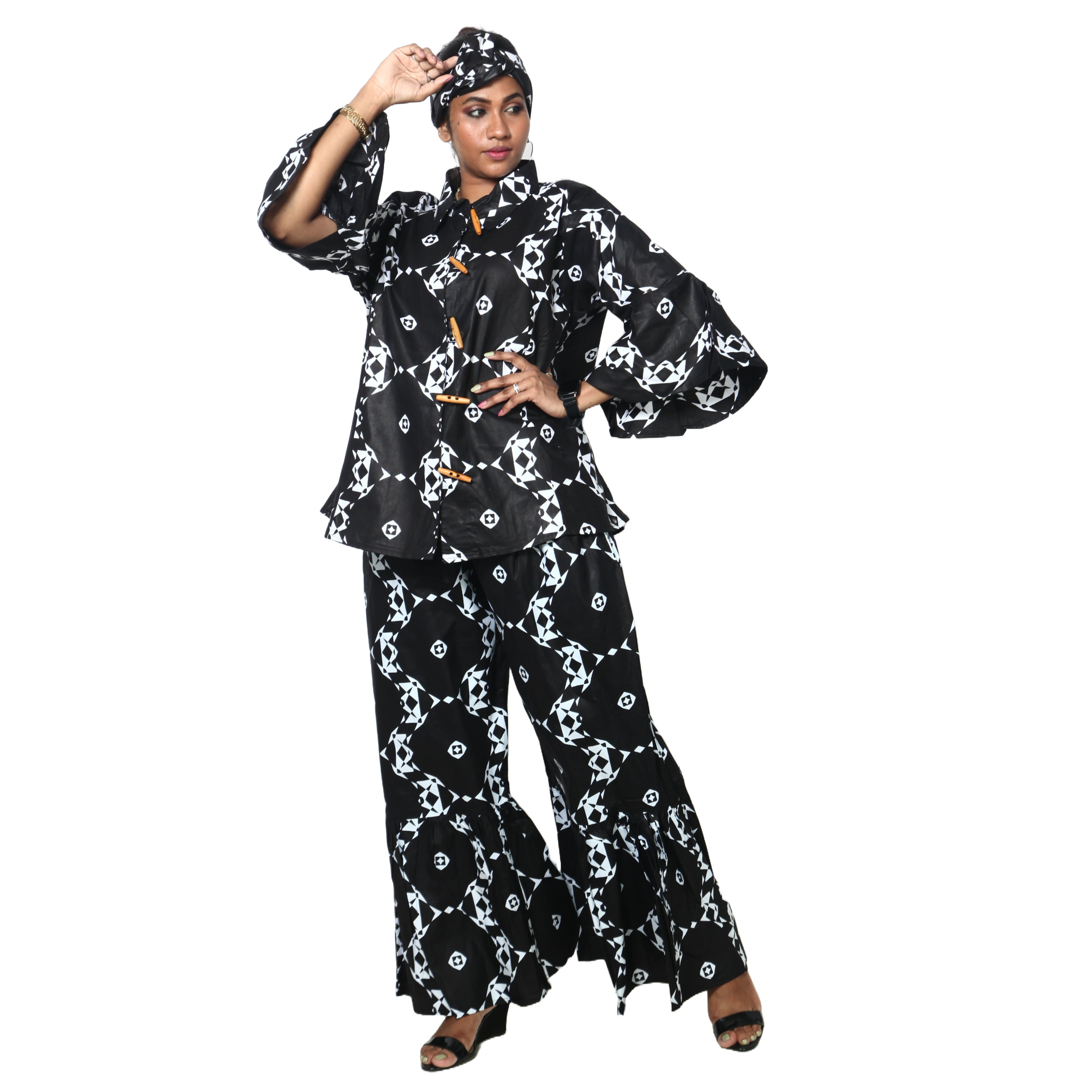 Women's Button Down Top and Palazzo Pants Set -- FI-4050 Print