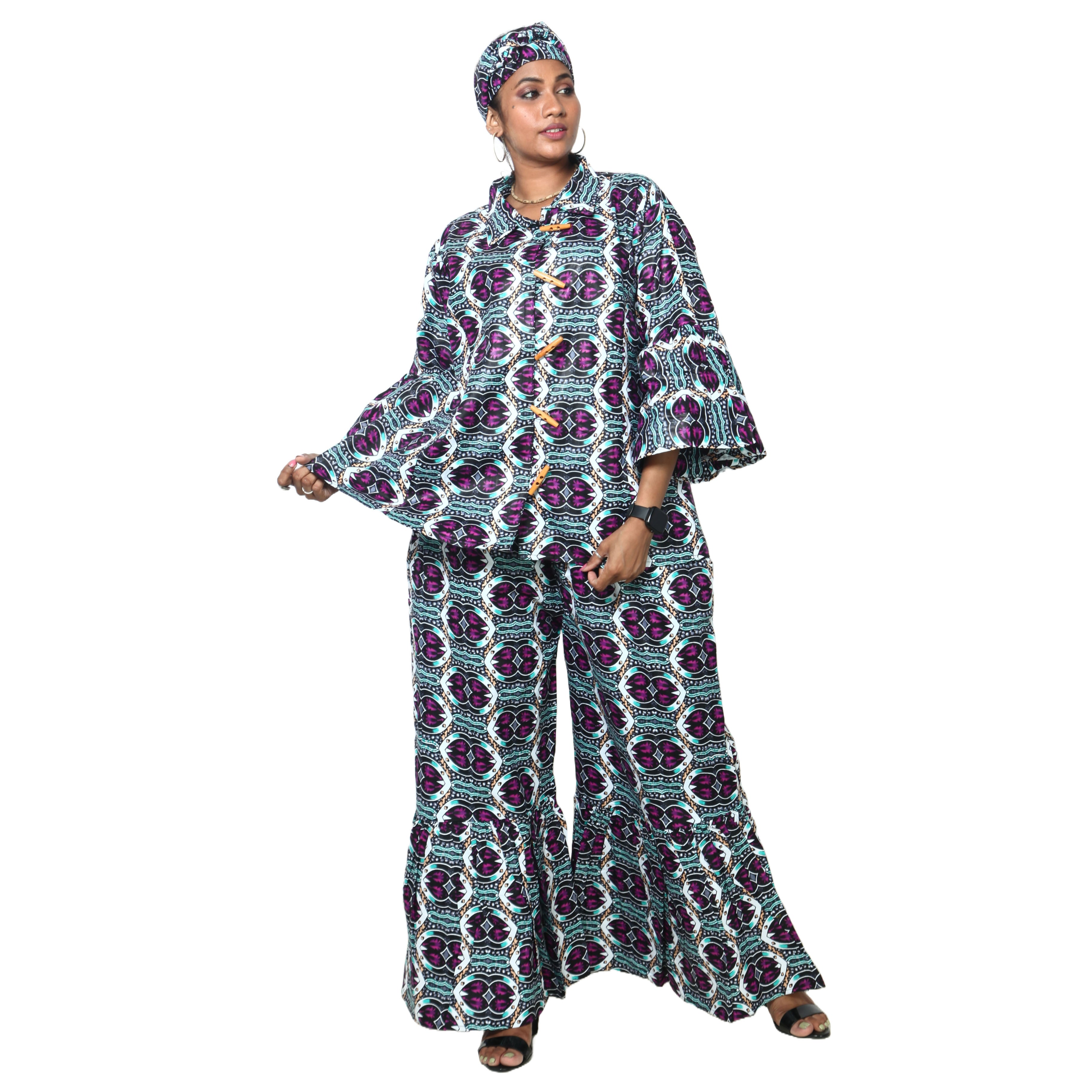 Women's Button Down Top and Palazzo Pants Set -- FI-4050 Print