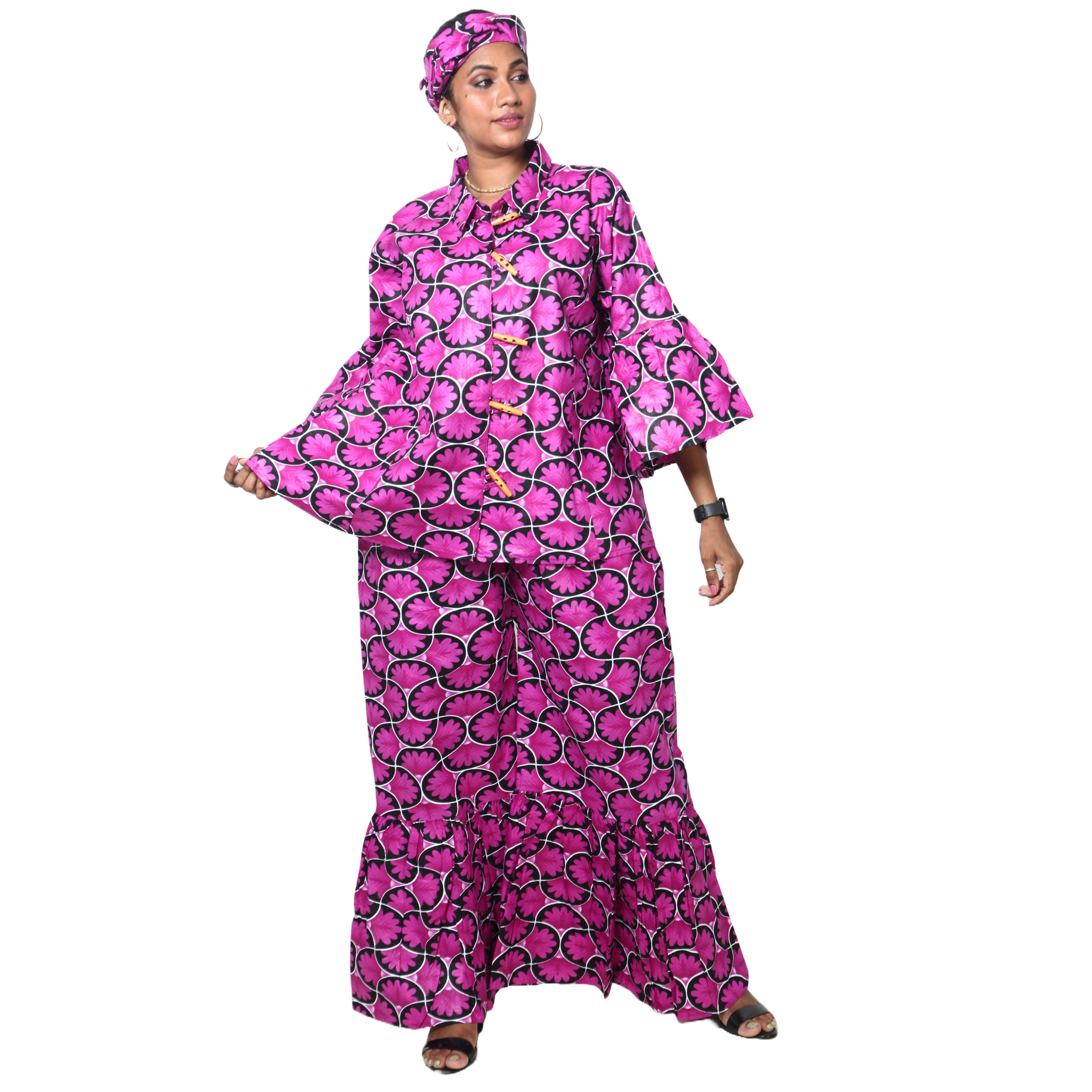 Women's Button Down Top and Palazzo Pants Set -- FI-4050 Print