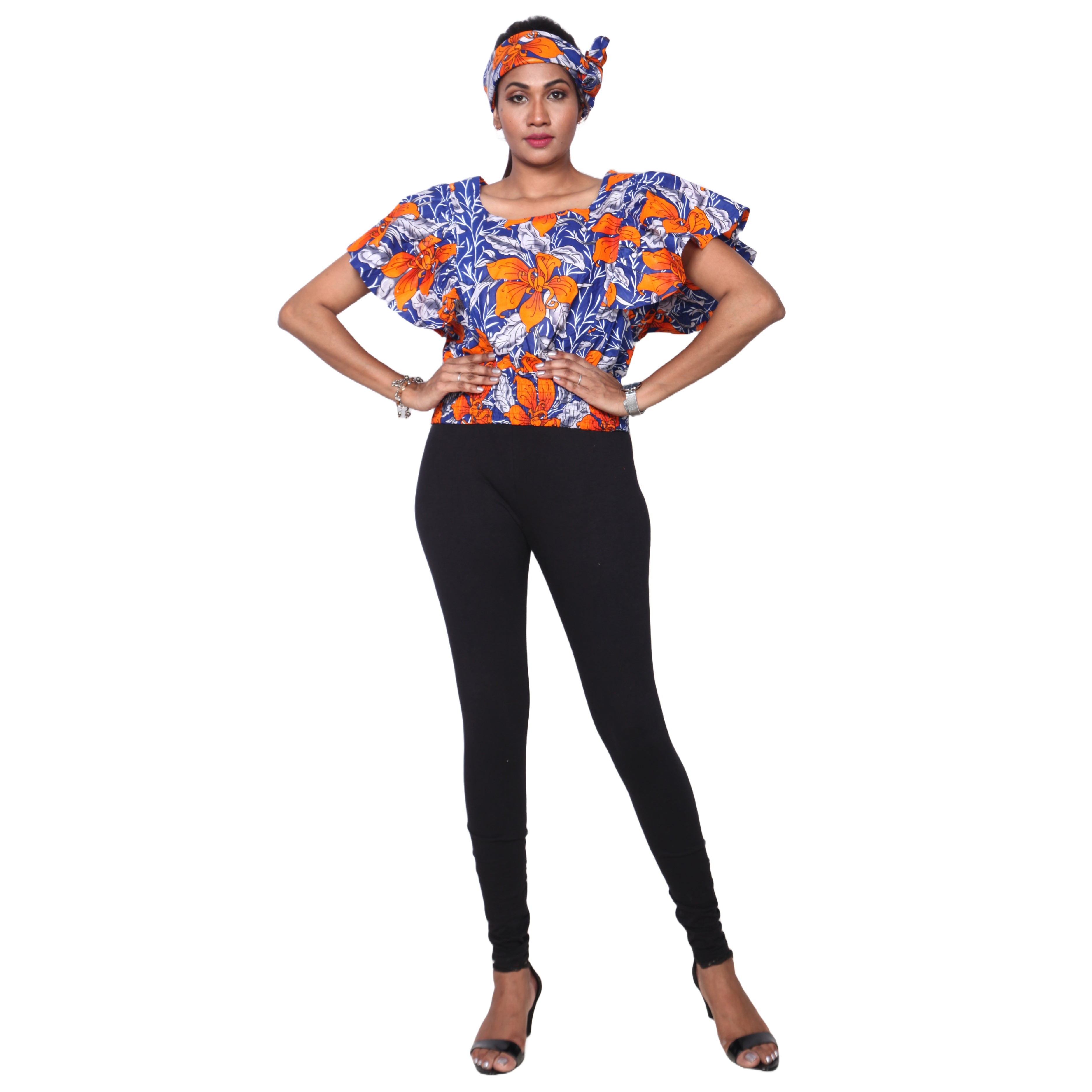 Women's African Print Short Sleeve Top blue, orange, and white 