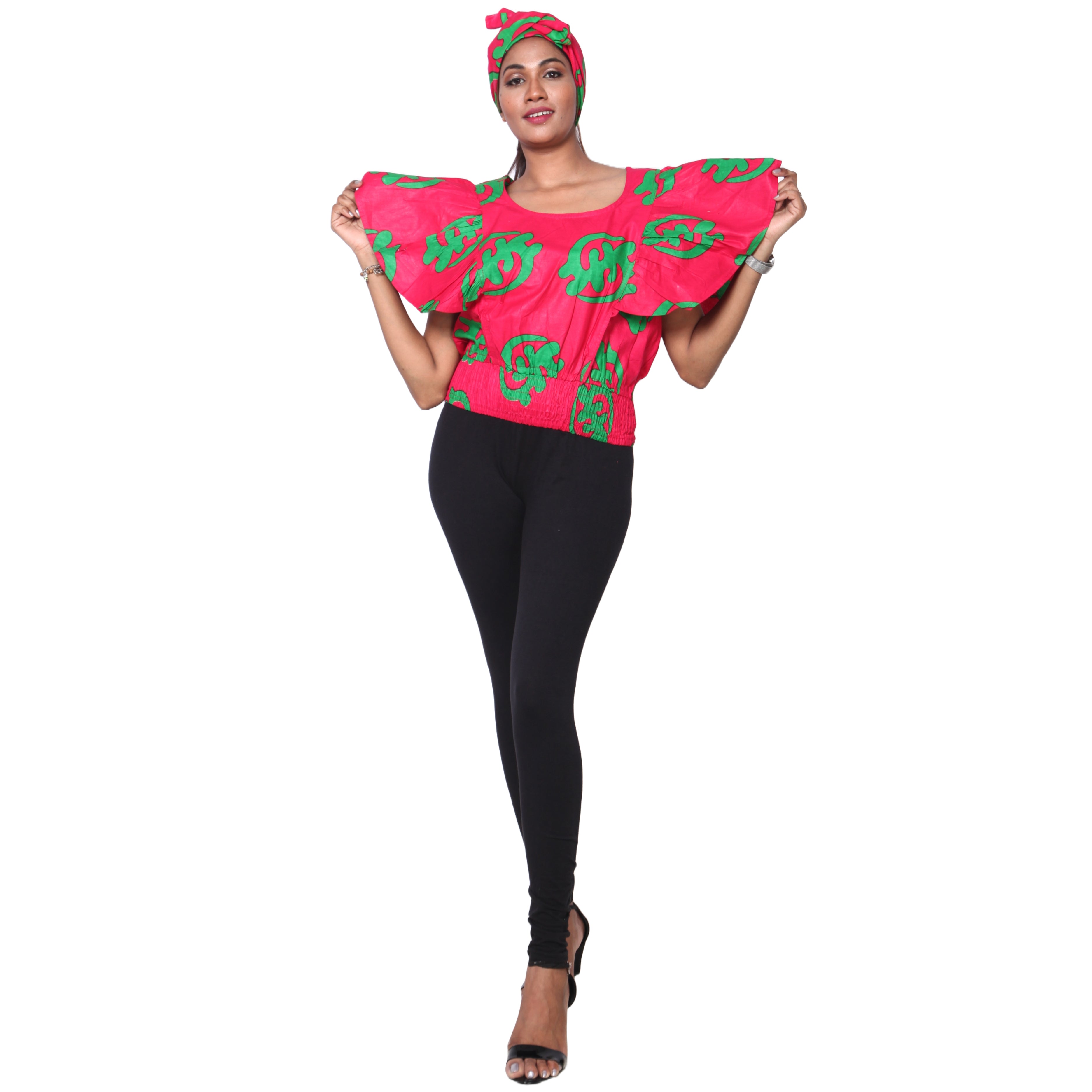 Women's African Print Short Sleeve Top red and green