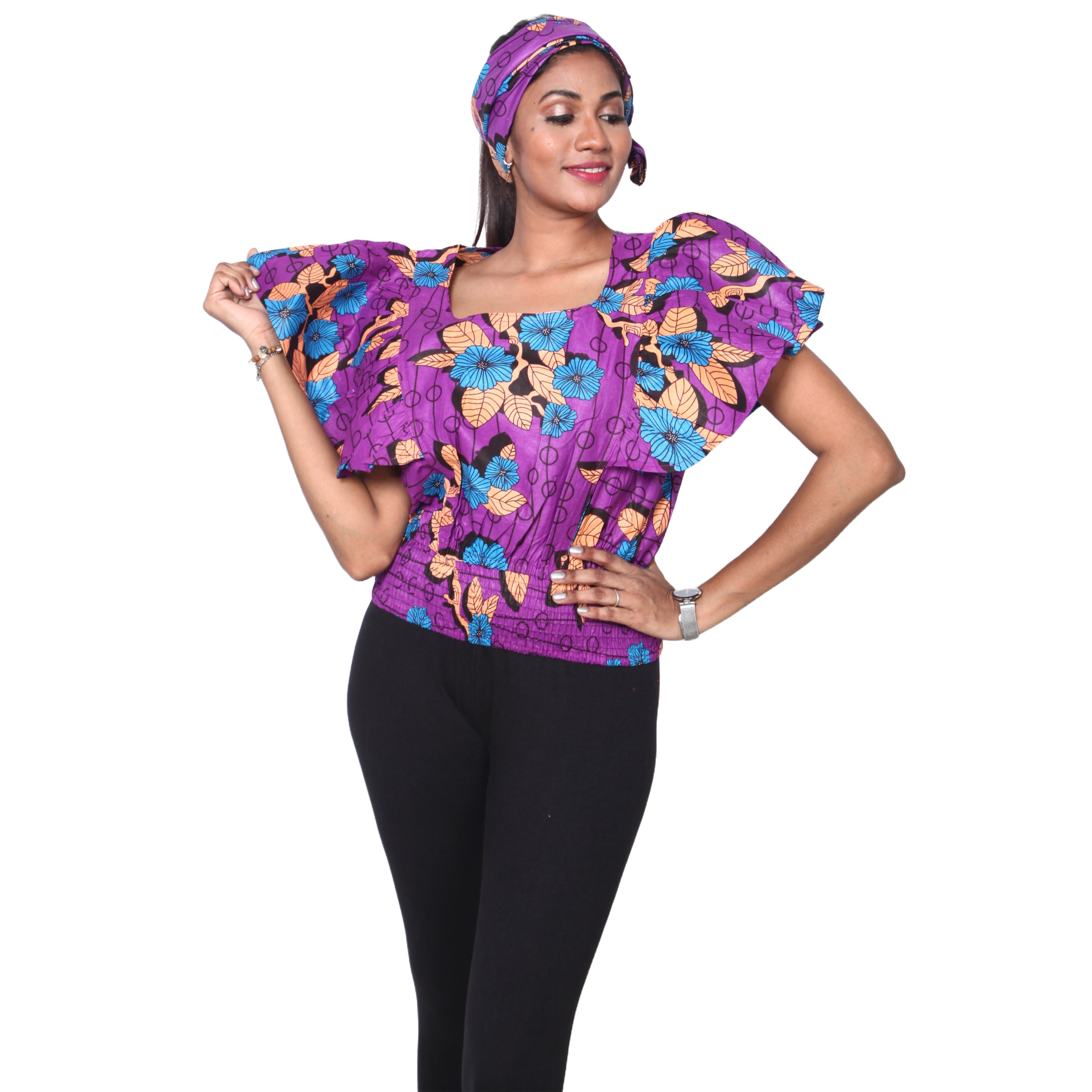 Women's African Print Short Sleeve Top purple , blue and pail yellow
